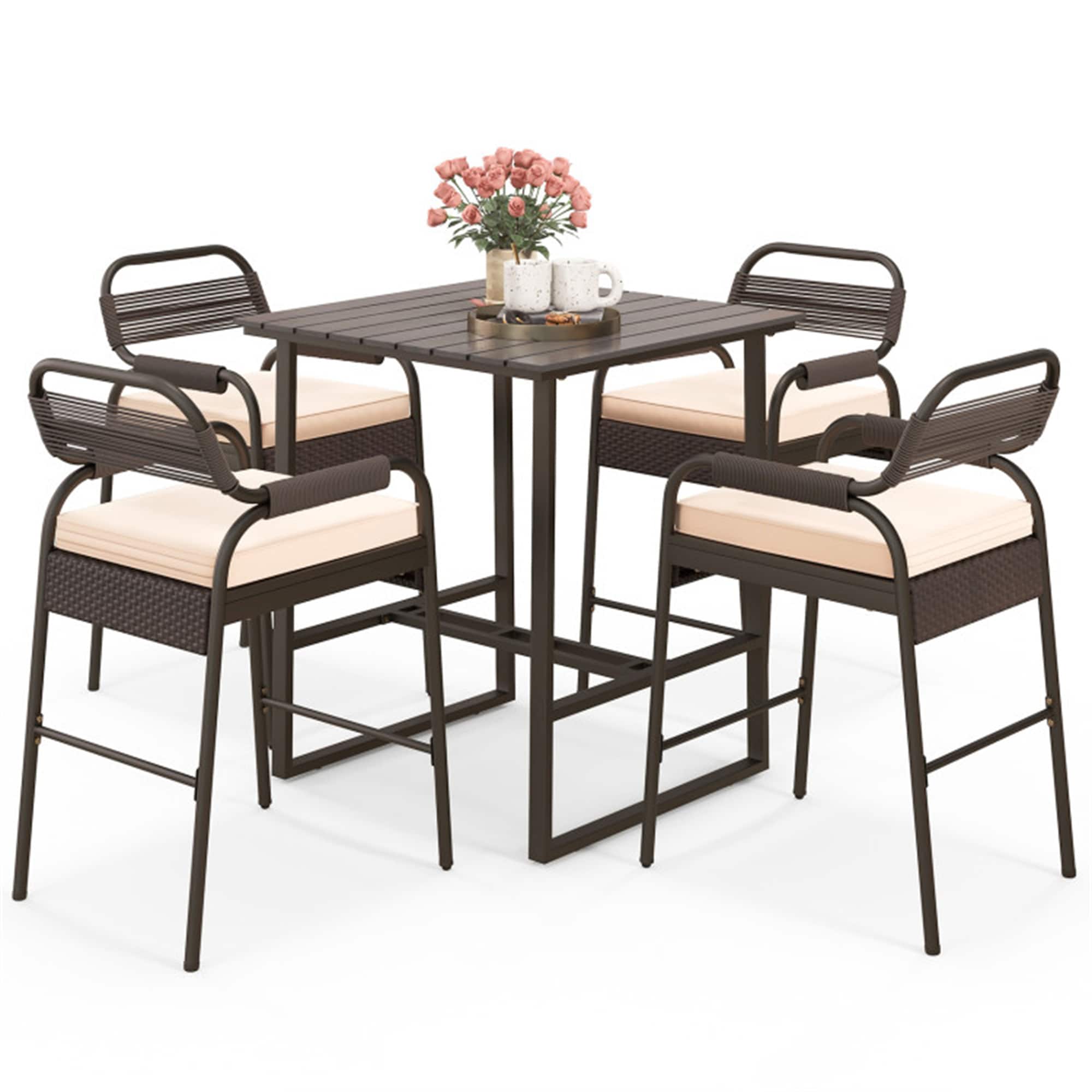 BABOOM BOM-S00002-ORRF Rattan Counter Set 5 -Piece Brown Rattan Counter height Steel Square Table with 4 Brown Cushions Stationary Chairs