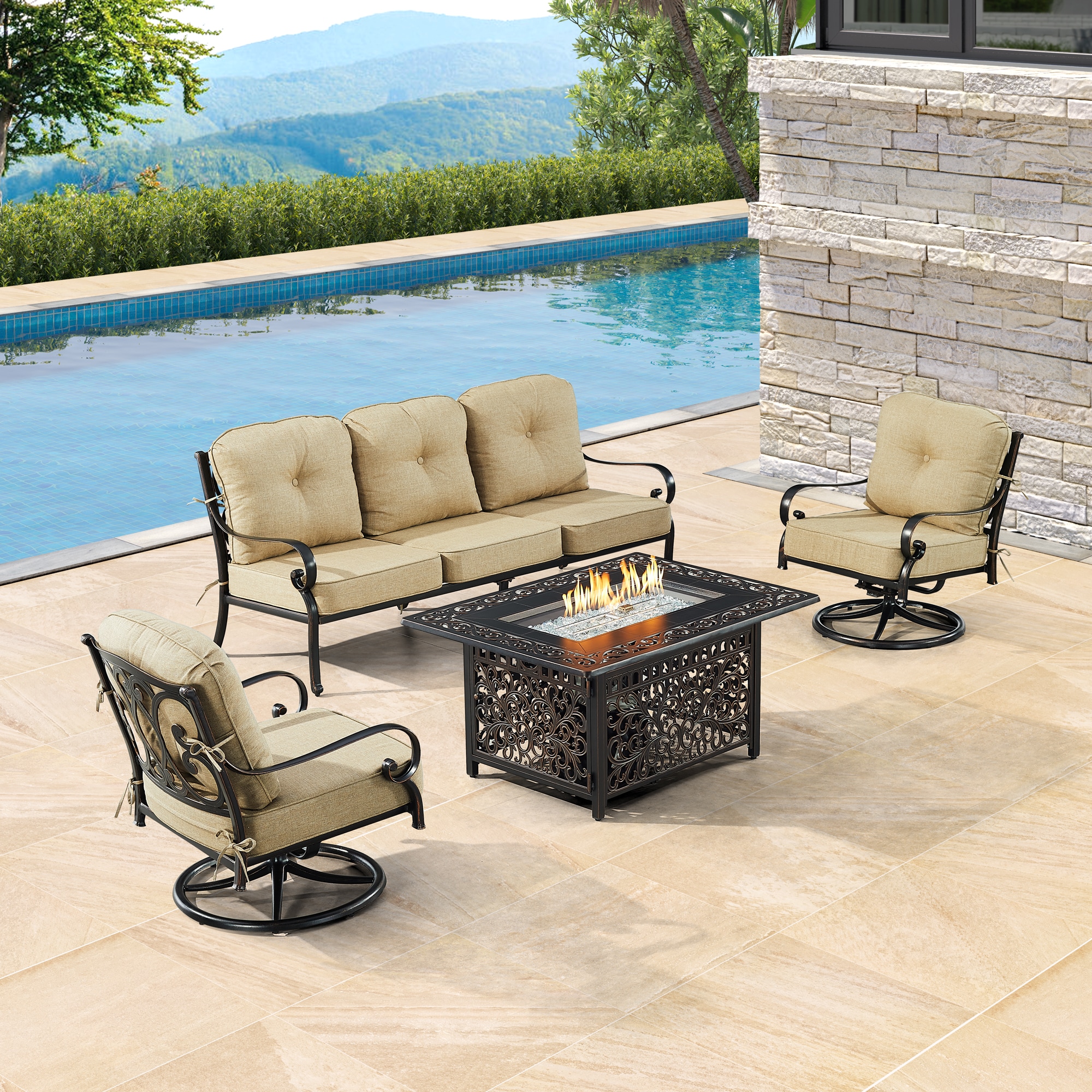 Oakland Living POPPY1SF2CHCABOSTNCU Fire Pit Table Set, Sofa and Two Lounge Chairs 21 -Piece Patio Sofa Conversation Set with Tan Cushions