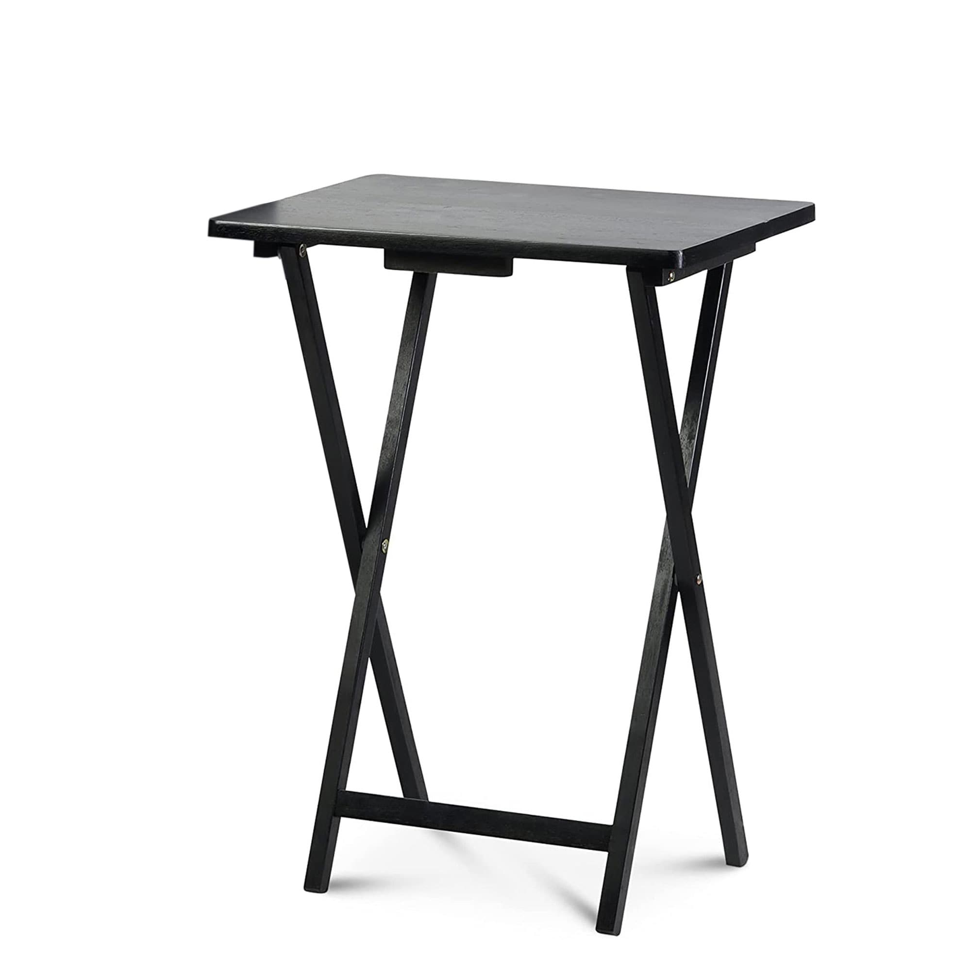 Sleek Black Solid Wood Collapsible TV Tray Set with Storage Rack, 5-Piece