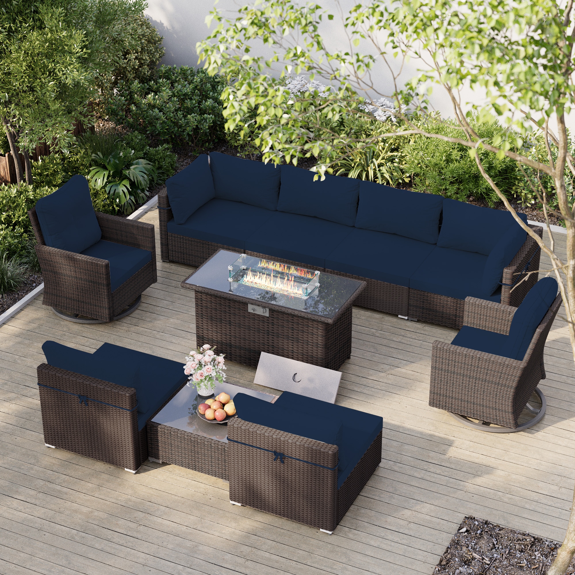 UPHA TBBR-ABC43Y11-NA 10 -Piece Wicker Patio Sofa Conversation Set with Blue Cushions