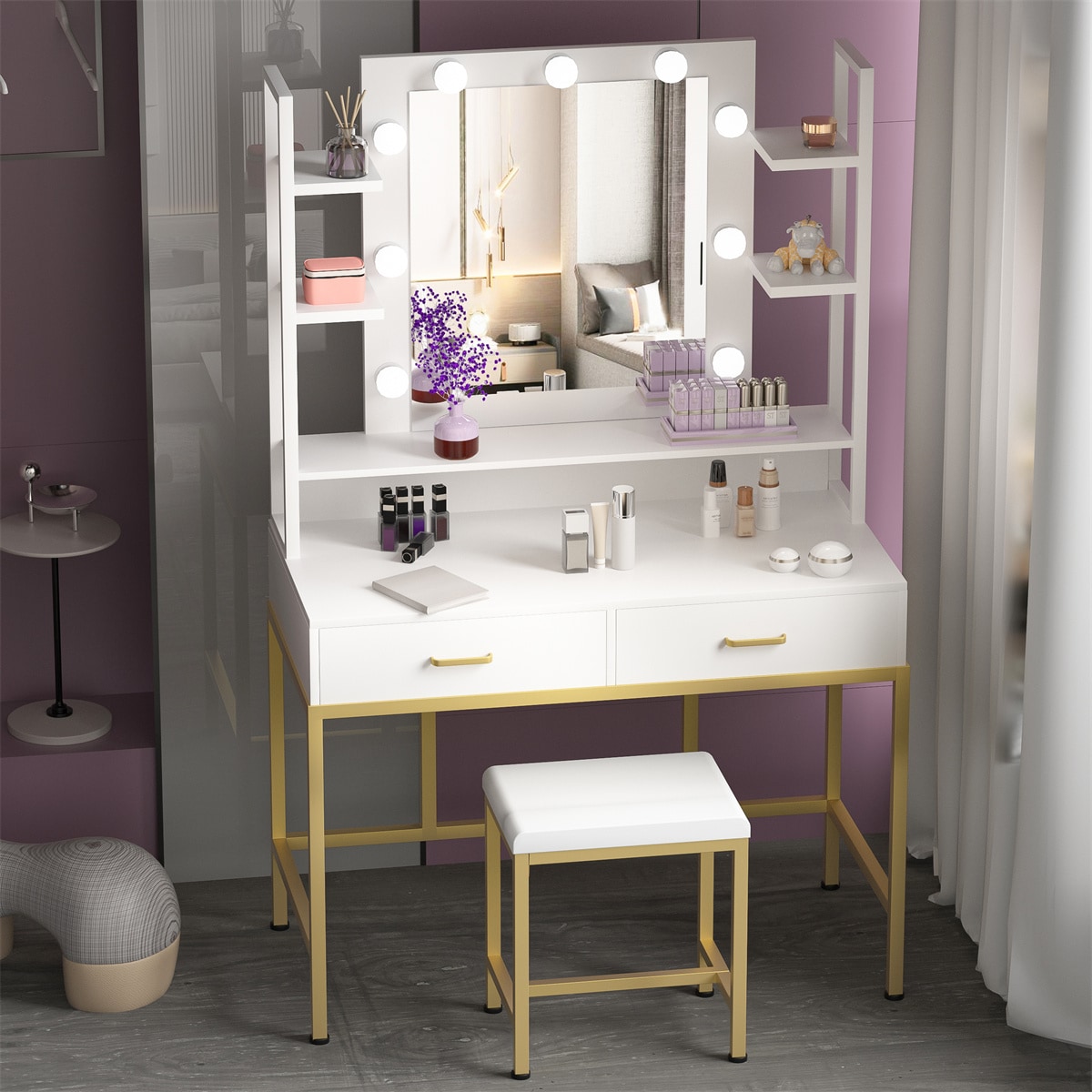 PAKASEPT Vanity Set with Lighted Mirror, Makeup Vanity Dressing Table with  LED Light, Drawers, Storage Shelves and Cushioned Stool, Small Vanity Desk  for Bedroom 