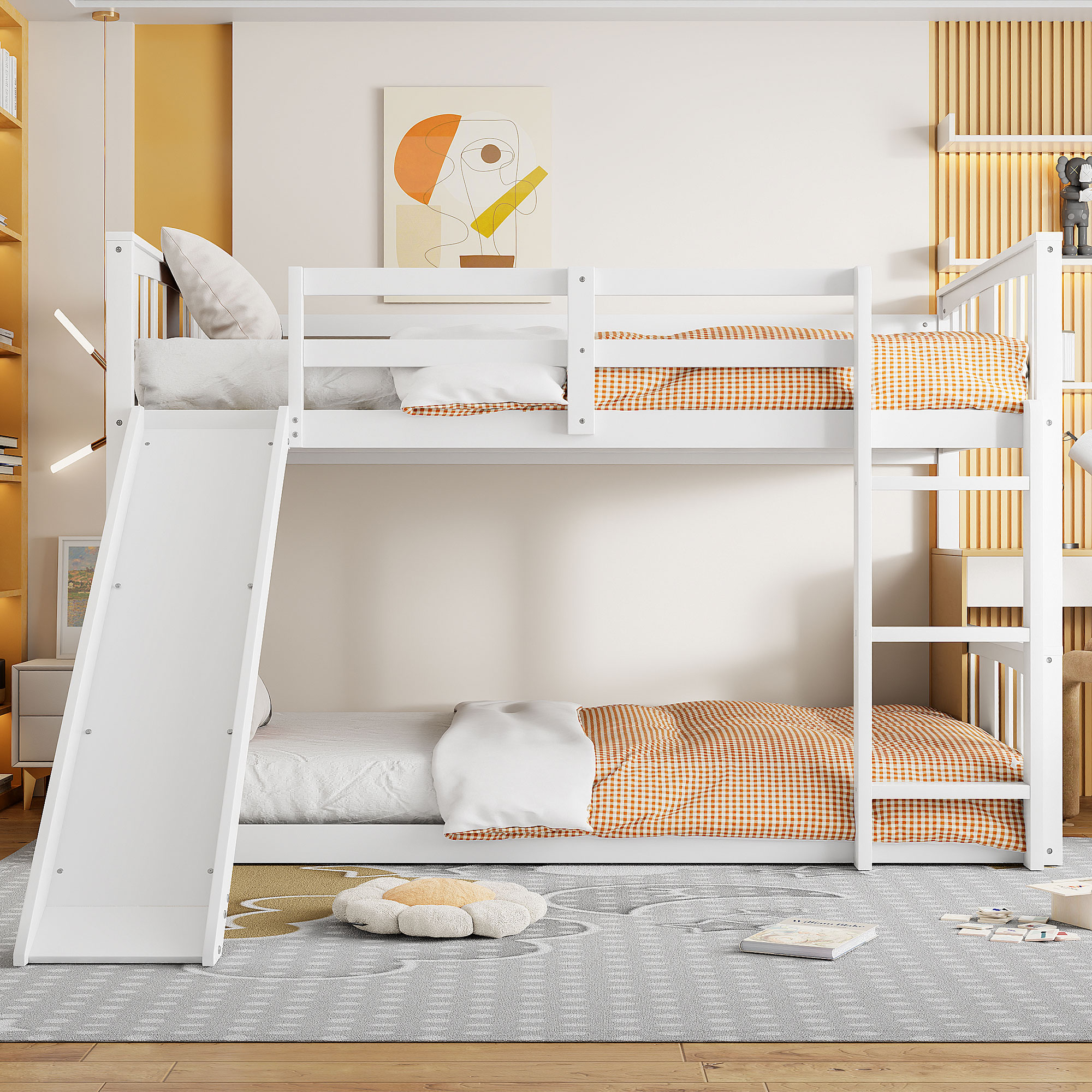 ModernLuxe LT000108AAK-1 Twin Over Twin Bunk Bed with Slide and Ladder White