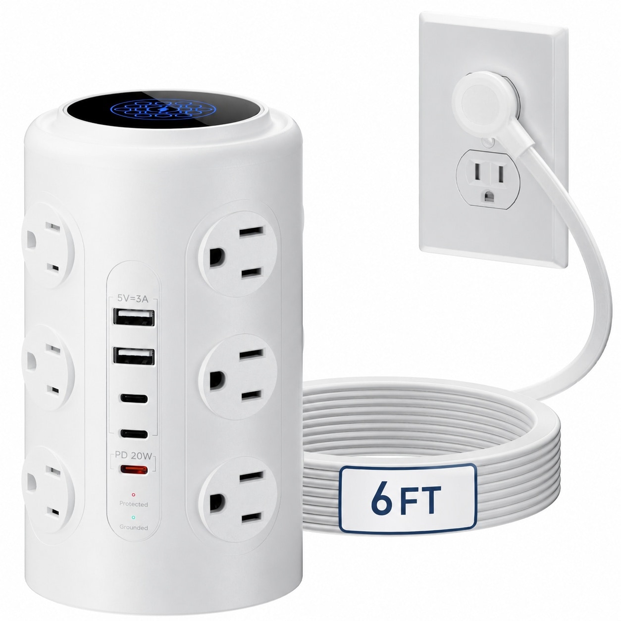 Ahfiwaso  Tower Power Strip with 1 Dedicated PD 20W Fast Charging Port 12 Outlets 5 USB Ports 3 USB C 1800J Protector Desk Charging Station for