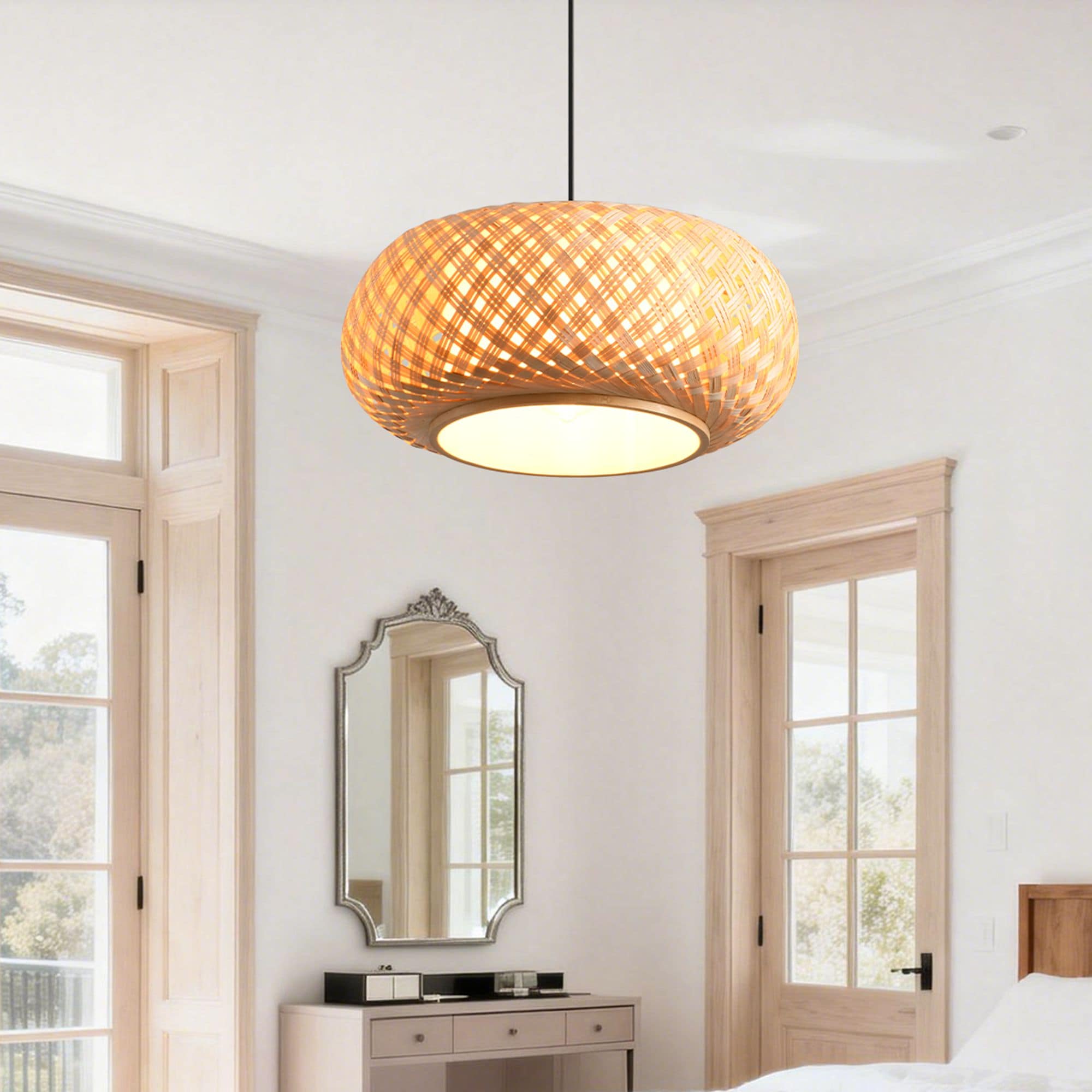 Parrot Uncle 1 -Light Black Farmhouse Bamboo Drum Medium Hanging Pendant Light