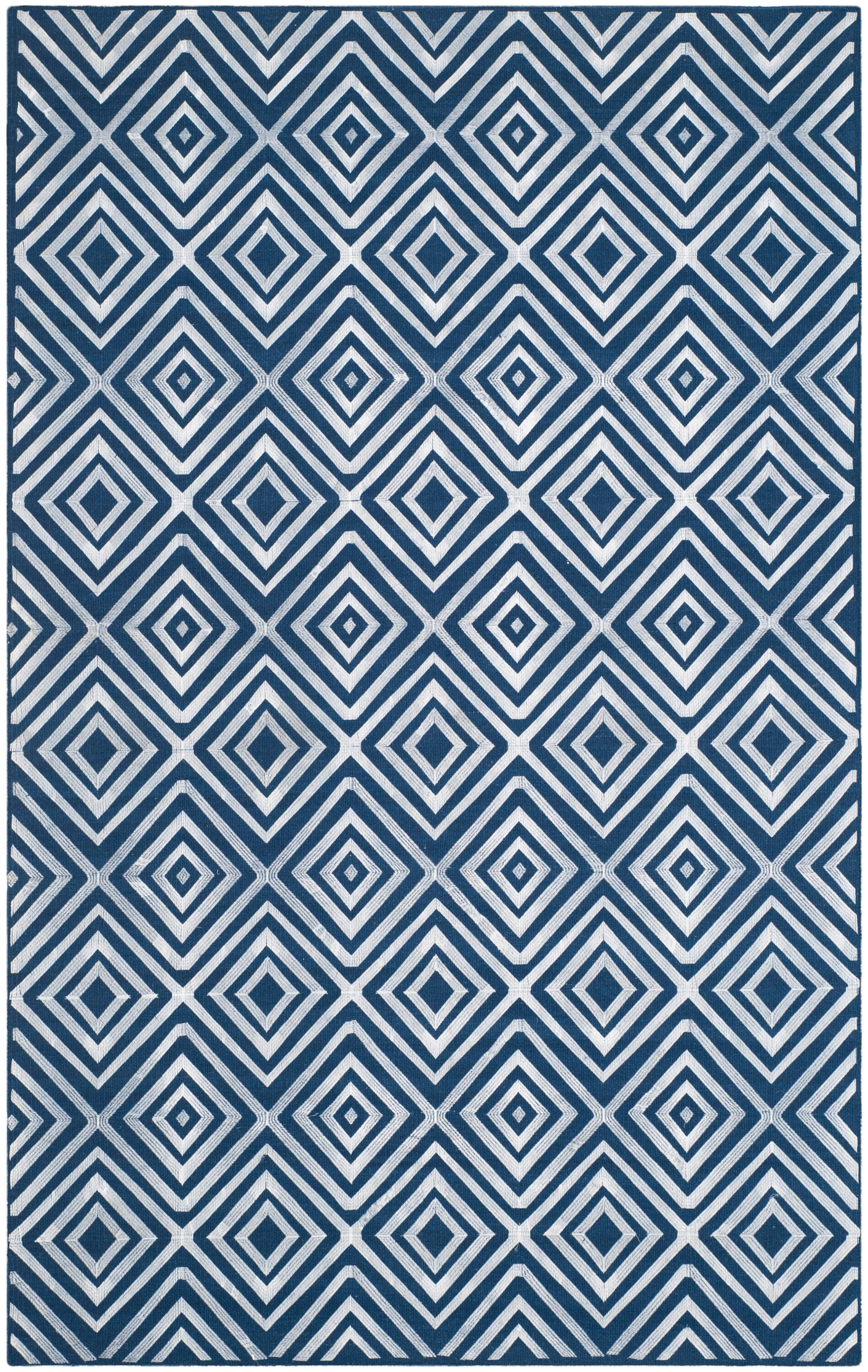 Navy and White Geometric Pattern 5'x8' Handmade Rug