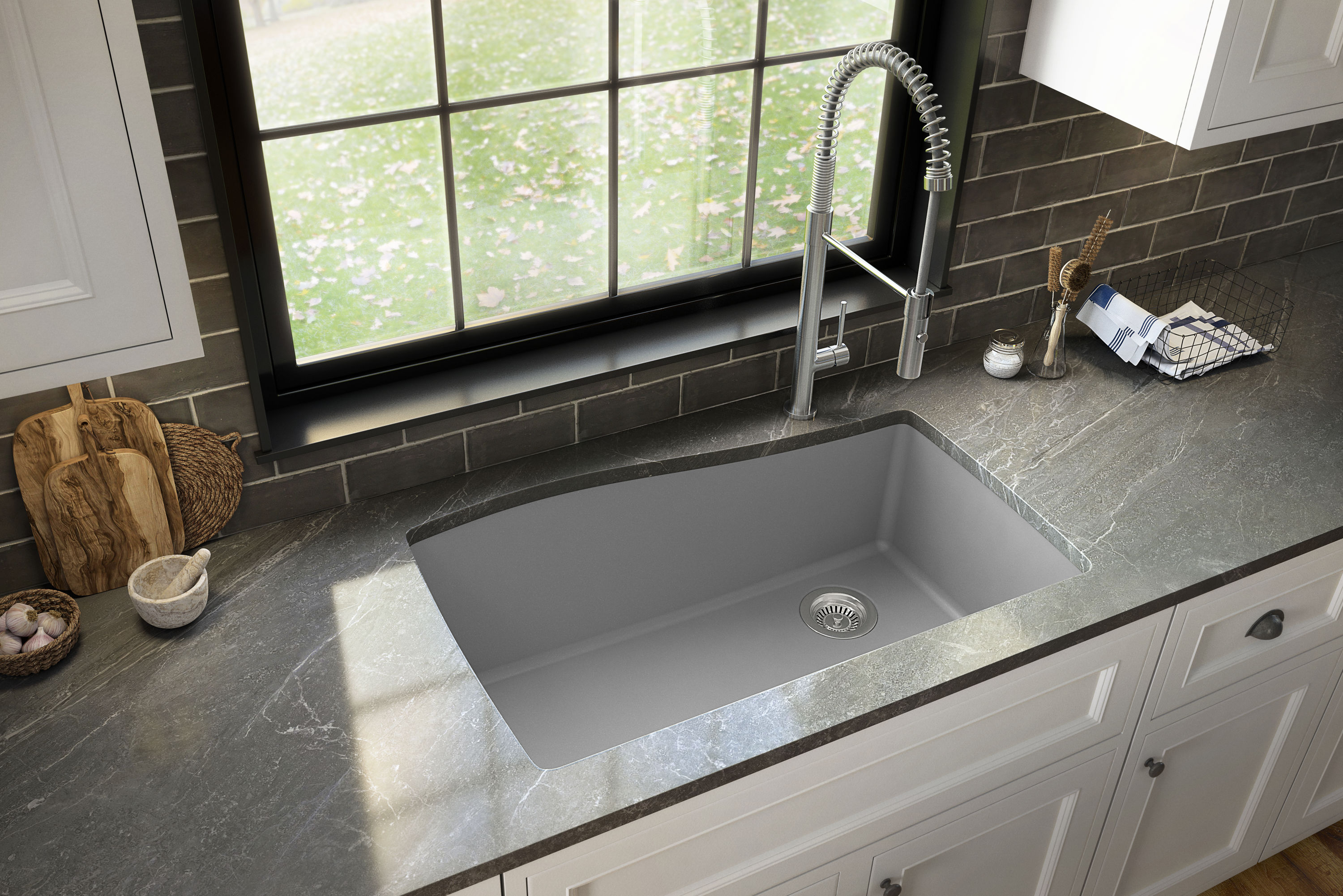 Gray Quartz Composite Single Bowl Undermount Kitchen Sink