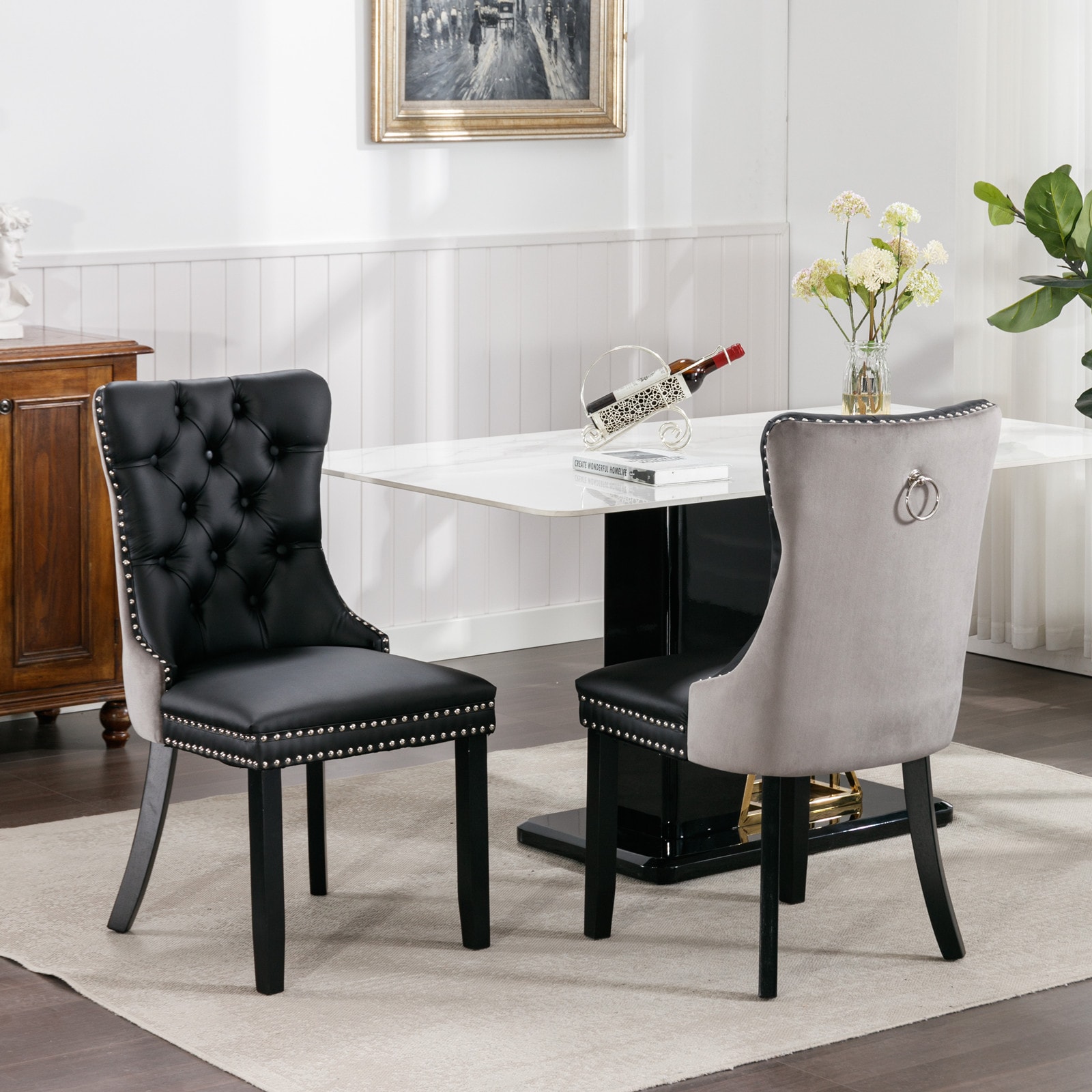 LOVMOR SF-M-W114390196 Modern Highend Tufted Solid Wood Contemporary PU and Velvet Upholstered Dining Chair with Wood Legs Nailhead Trim 2Pcs Set BlackGray