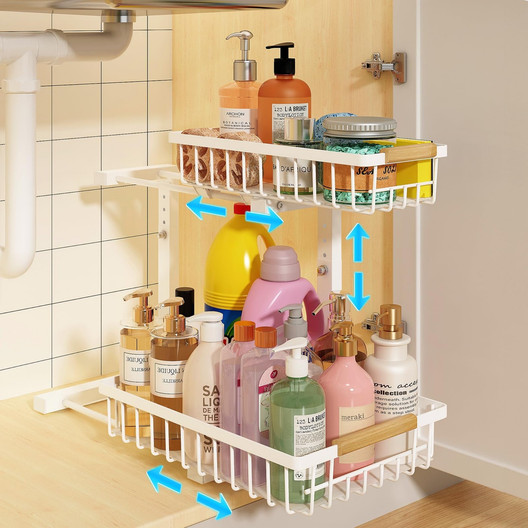 Numhew 15.5in L 11in W 5-Level Adjustable White 2-Tier Pull-Out Drawer Under Sink Organizer