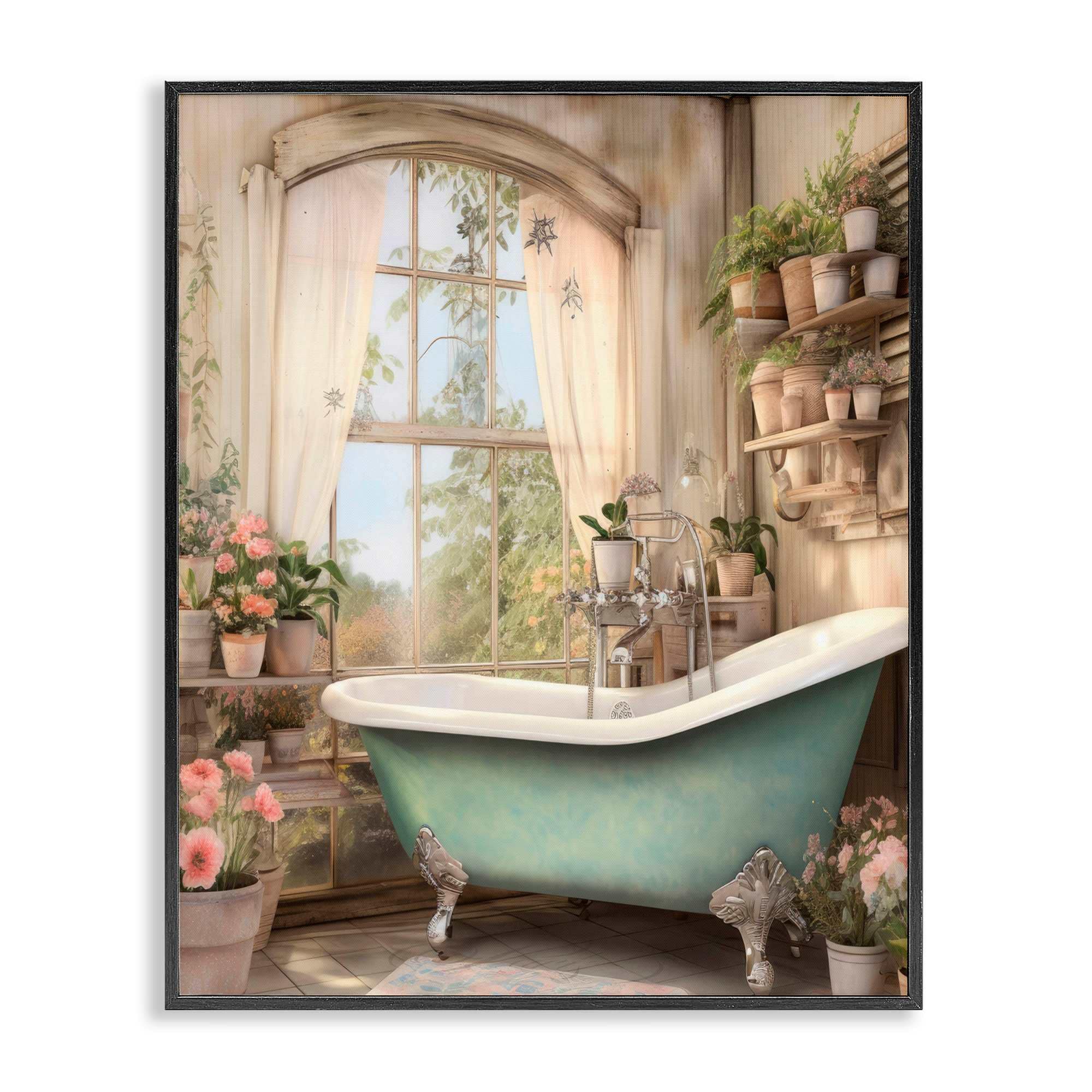 Stupell Industries Bathroom with Floral Filled Shelves Black Framed Giclee Art 11 x 14