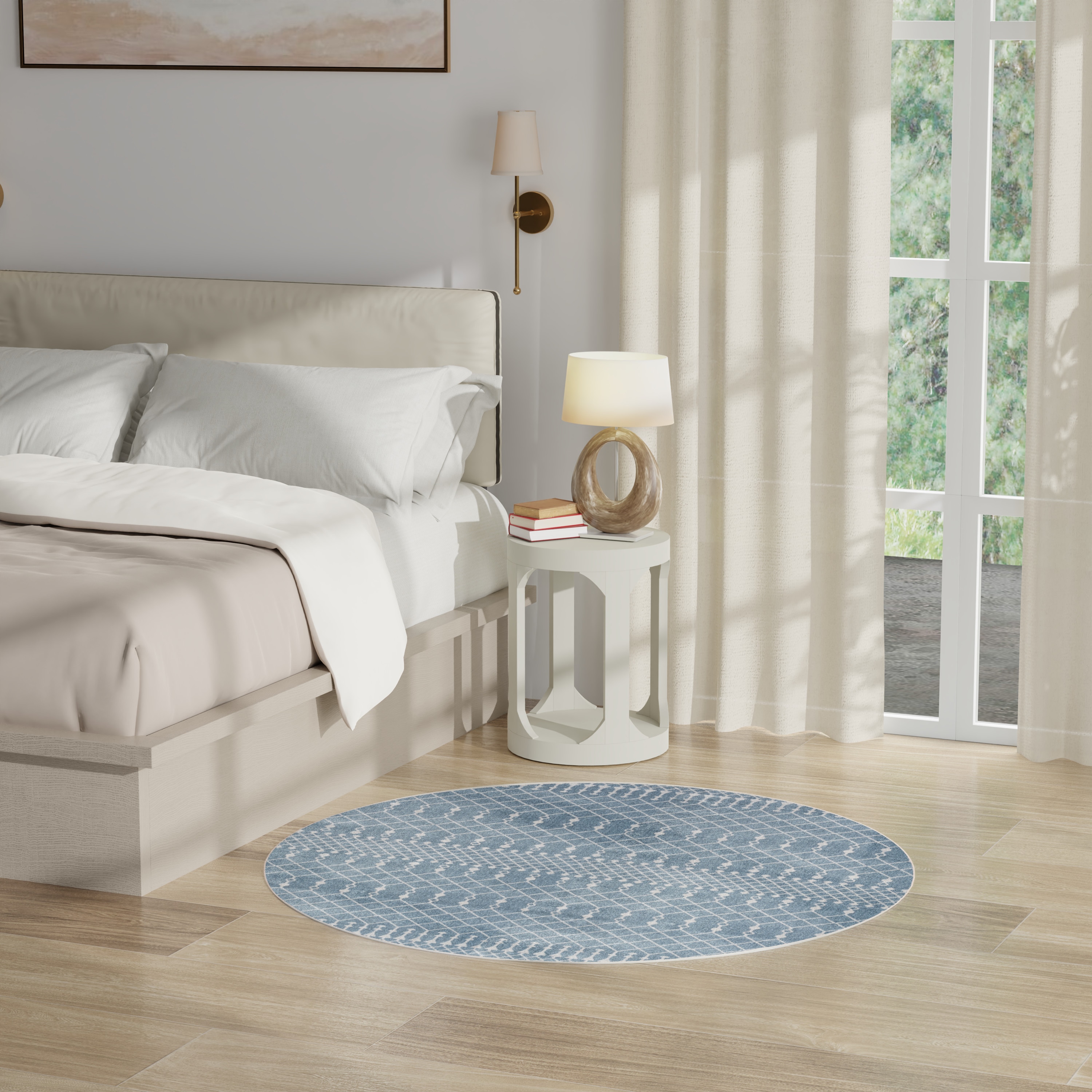 Nourison Home 099446979216 Astra Machine Washable 5 x 5 (ft) Loomed Polyester Blue Round Indoor Geometric Bohemian/Eclectic Machine washable Area rug