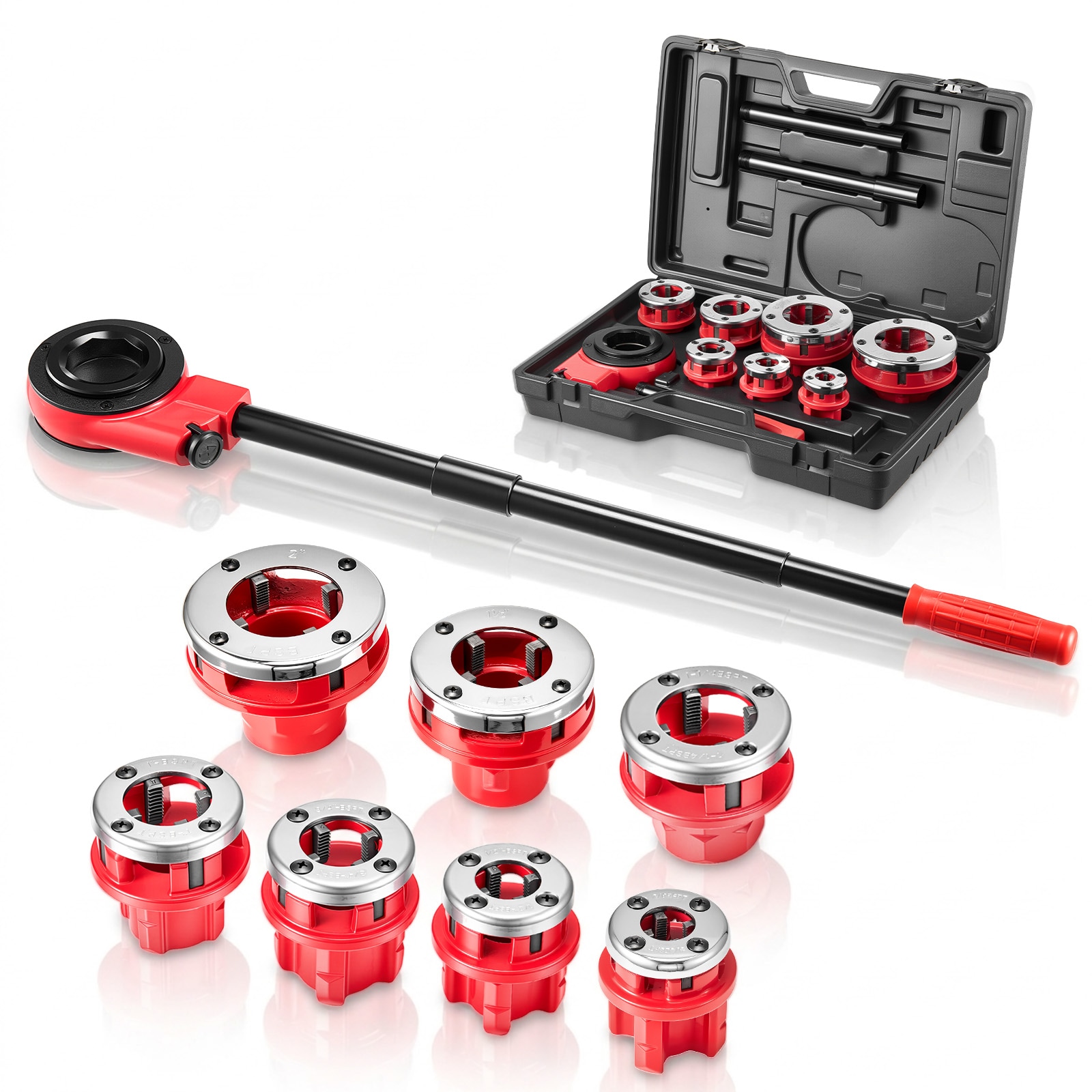 VEVOR - Ratchet Pipe Threader Kit with 7 Dies 3/8in BSPT to 2in BSPT Manual Ratcheting Pipe Threa...