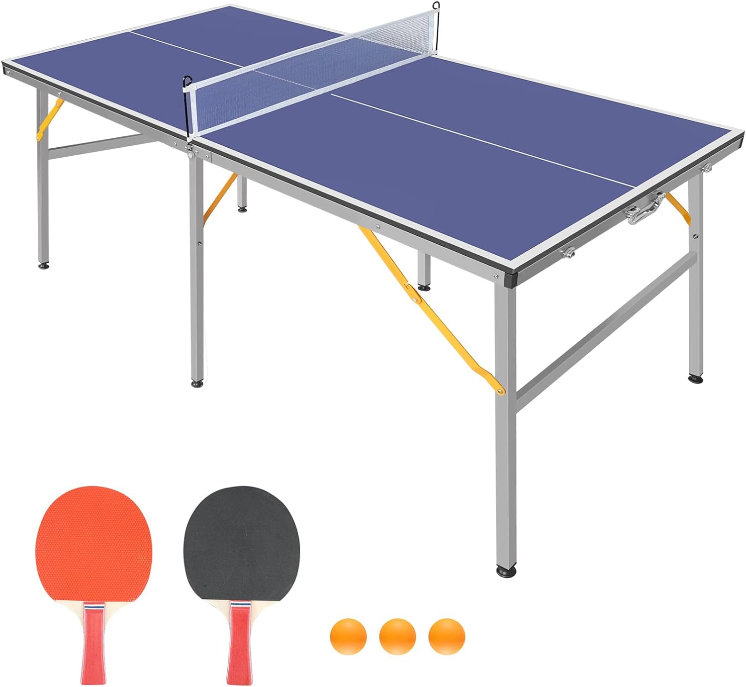 Garvee Portable 6 ft x 3 ft Folding Ping Pong Table for Indoor Outdoor Use Table Tennis Set with Net 2 Paddles and 3 Balls Blue