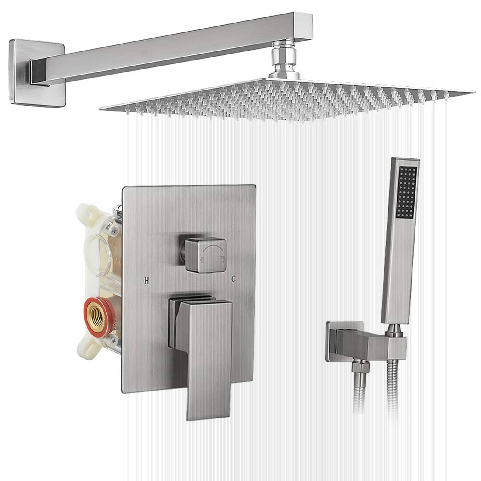 BWE A-95016 Shower Faucet Brushed Nickel 1-handle Multi-function Square ...