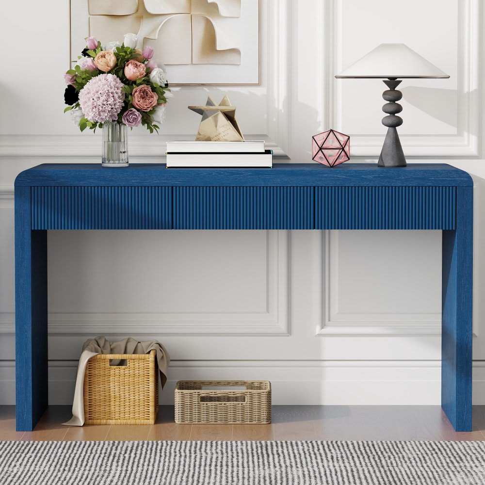 Coolbibila KORA-CONSOLE-BLUE 55 Inch Blue Rustic Entryway Console Table with Fluted Drawers Solid Wood Veneer Living Room Table