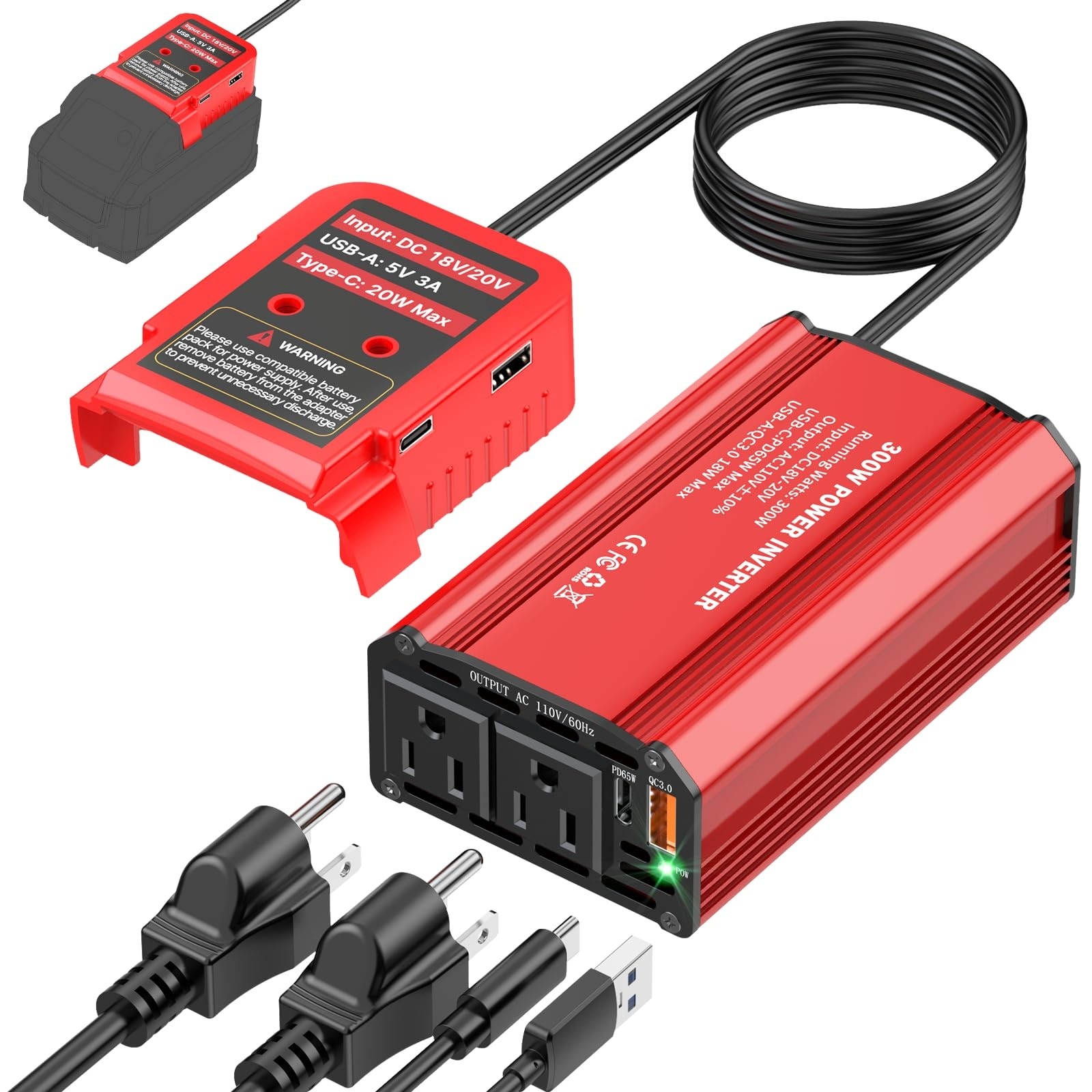 Anqtovp  300W Power Inverter Portable Power Station DC 18V to AC 110V Converter with Two AC Outlets USB A Type C Fast Charging Compact Design for