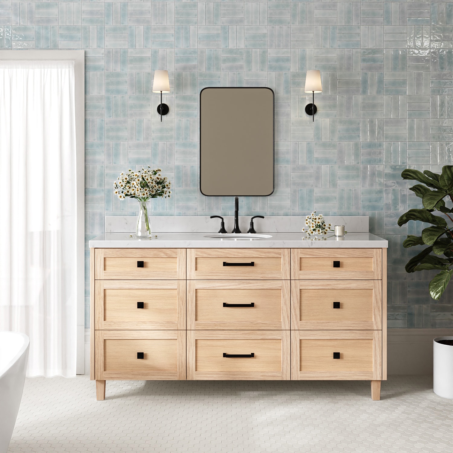 ARIEL Monroe 66-in Oak Undermount Single Sink Bathroom Vanity with Carrara White Quartz Quartz Top