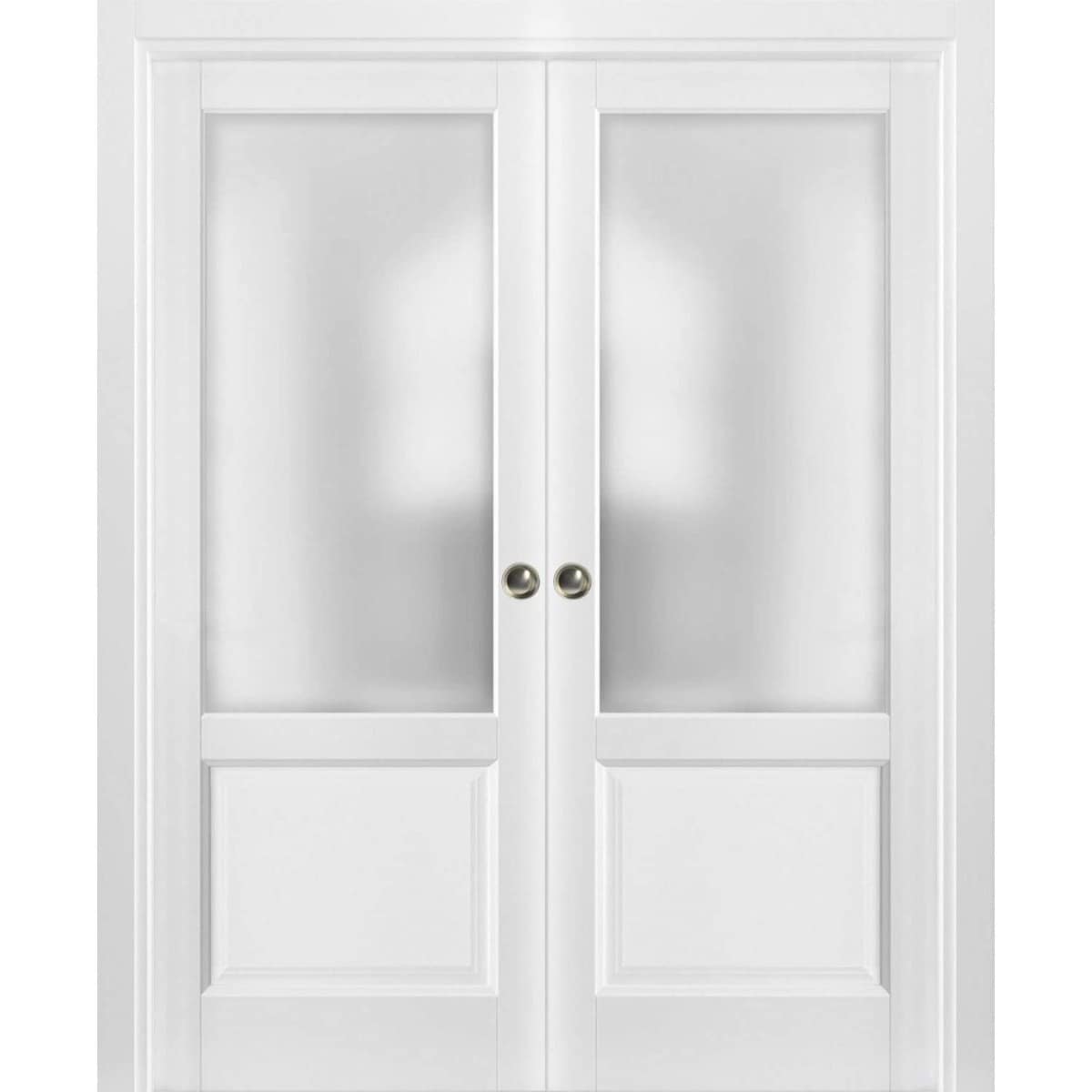 SARTODOORS French Double Pocket Doors - Lucia 22 White Silk with Frosted Opaque Glass - Kit Trims Rail Hardware - Solid Wood Interior Pantry Kitchen Bedroom Sliding Closet Sturdy Door-84 x 84 (2x 42x84)
