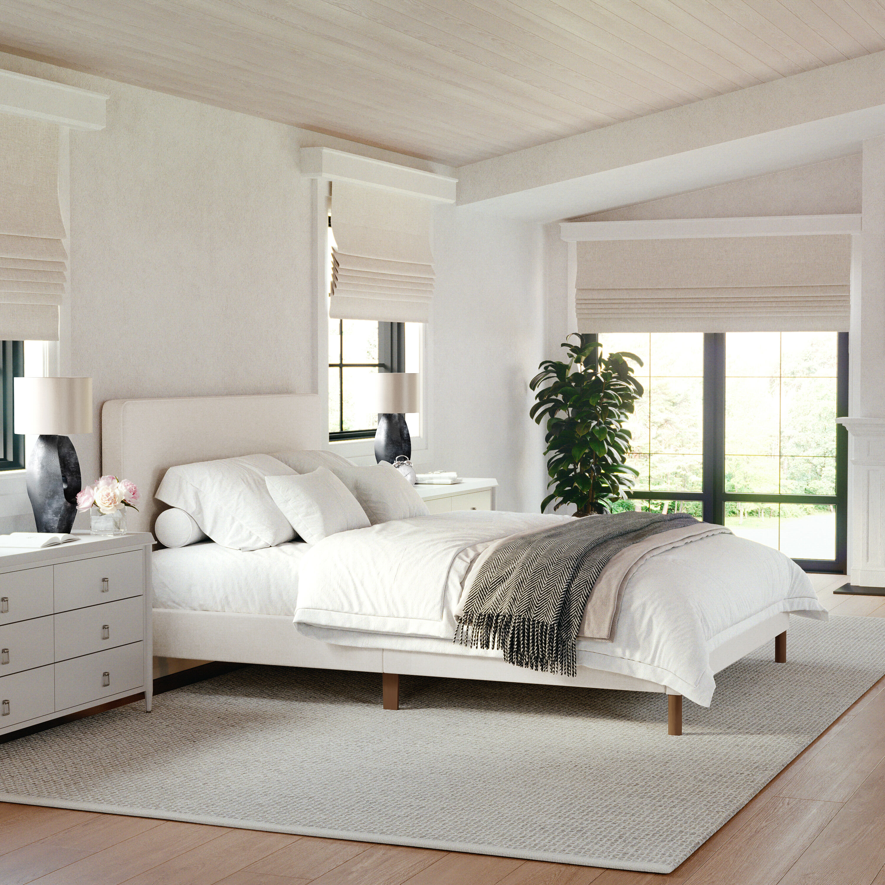 Martha Stewart 196861067310 Britta Beige Fabric/Walnut Legs Queen Wood Platform Bed