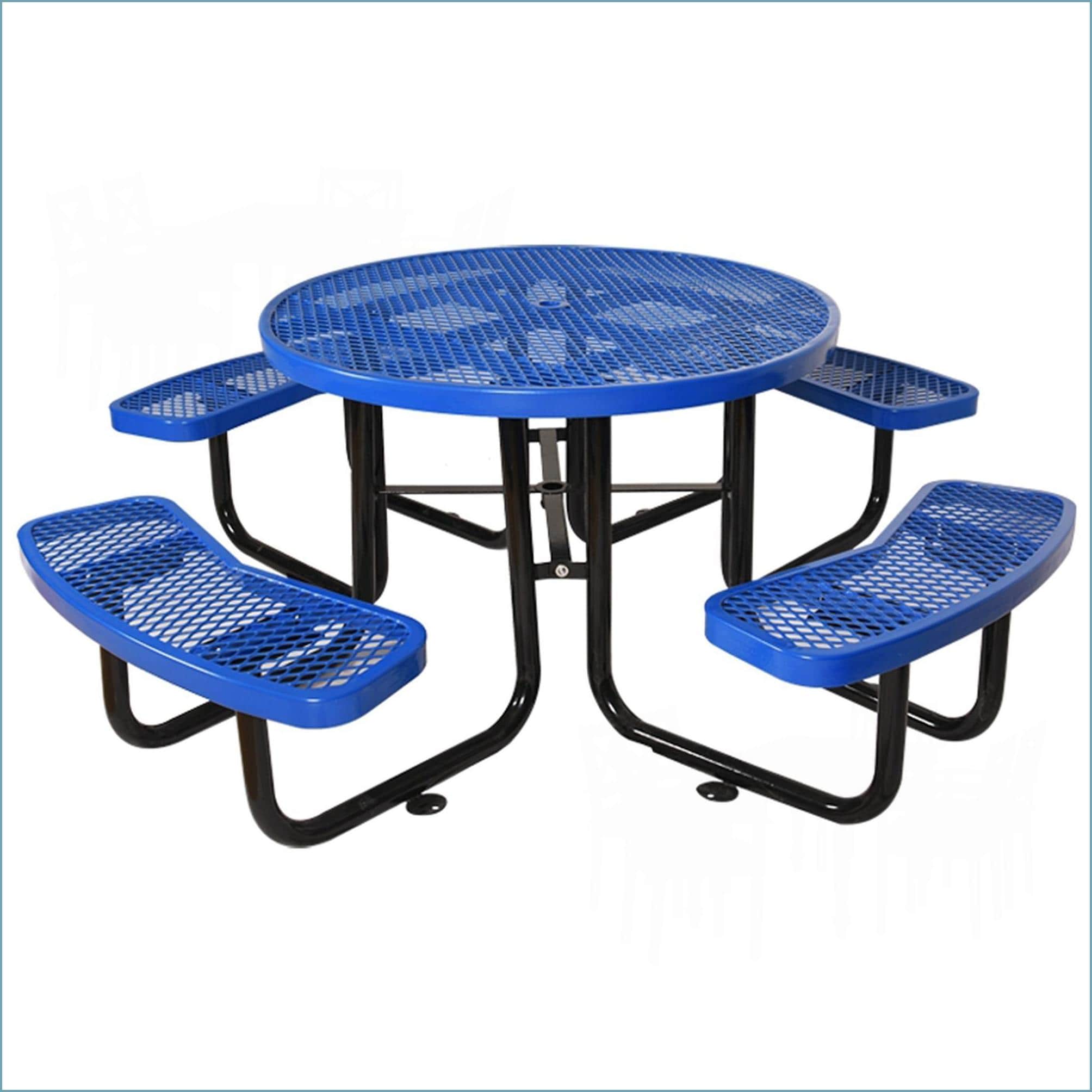 Watnature Outdoor Picnic Table 46'' Round Navy Blue with Umbrella Pole4 ...