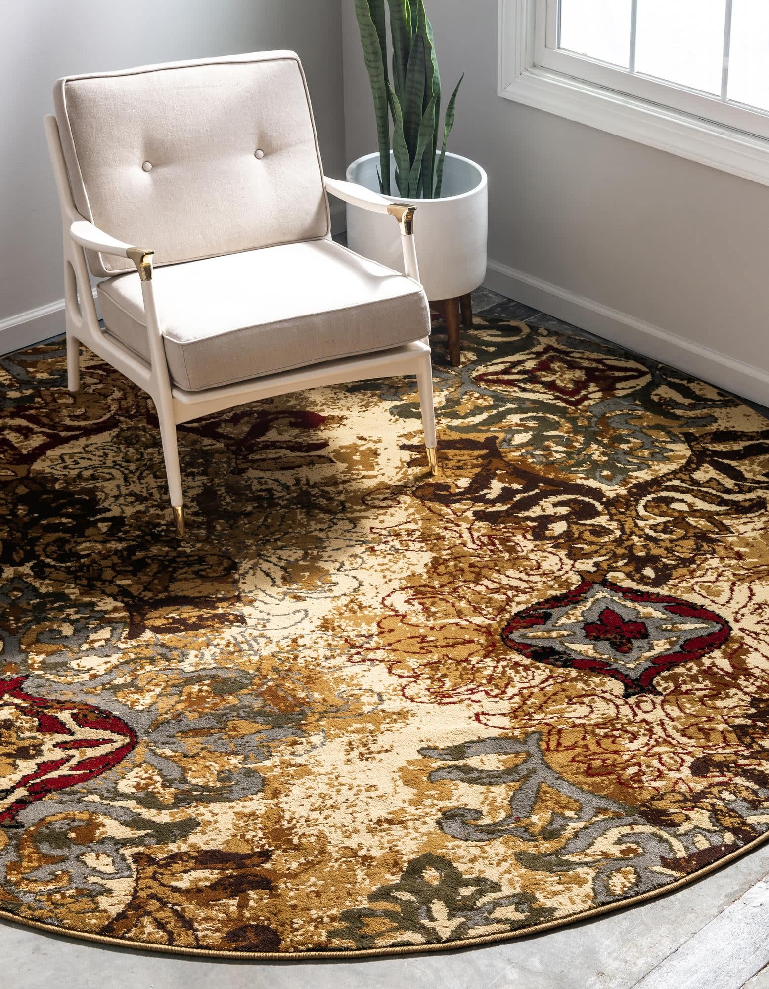 Unique Loom 3137972 Barista 8 x 8 (ft) Loomed Beige Round Indoor Damask Pet Friendly Area rug