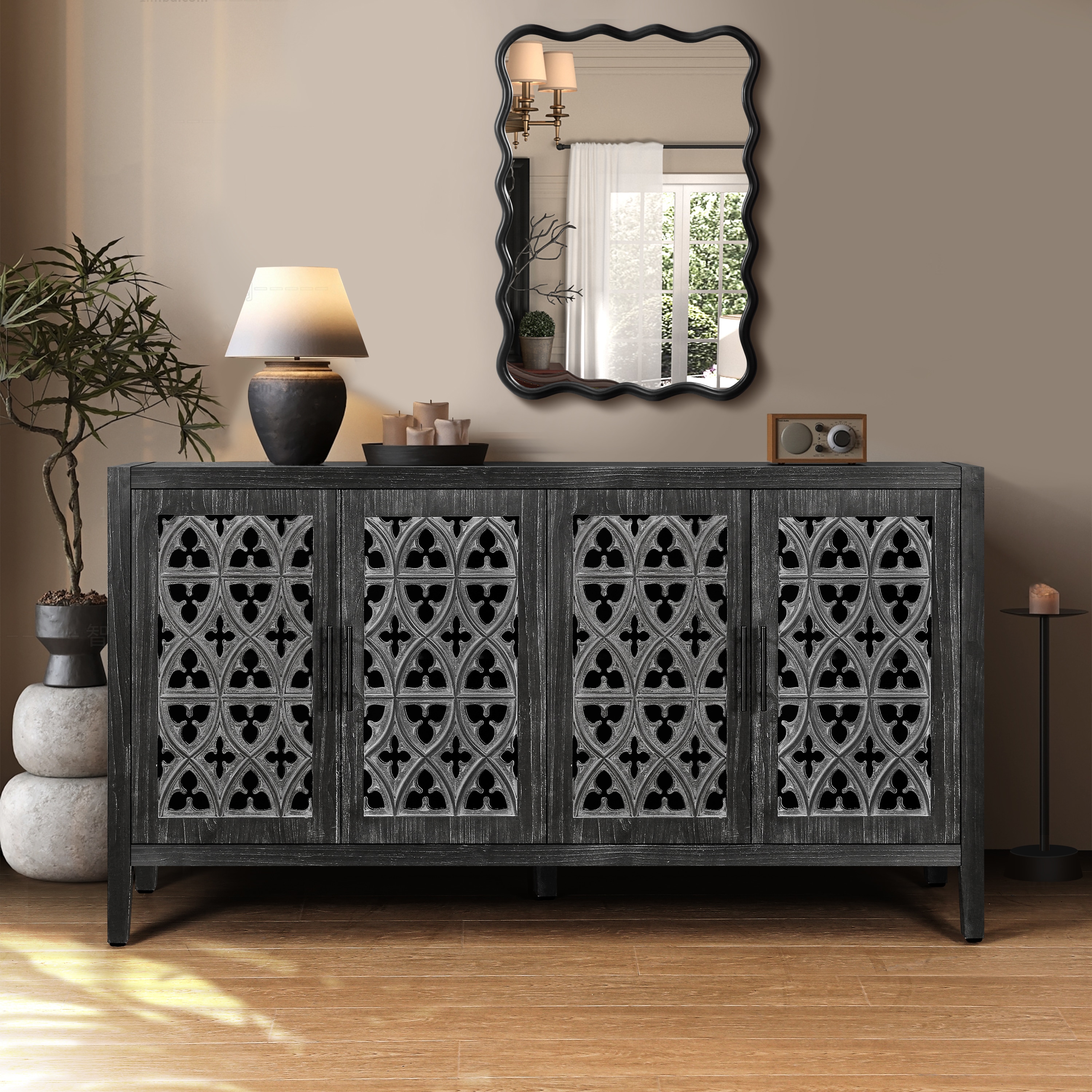 Tinyhomie Antique Black Hollow Four Door Retro Style Household Storage Cabinet