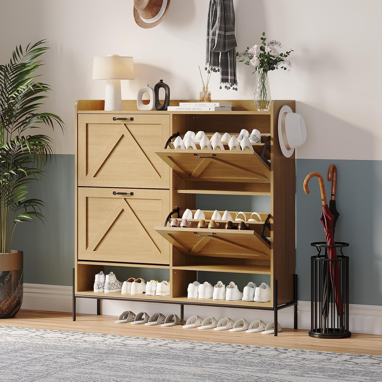 WhizMax IWAN-PHO-150Z5MR1 Shoe Storage Cabinet with 4 Flip Drawers Dry and Wet Separation Organizer Freestanding Shoe Rack with Metal Legs for Entryway Natural