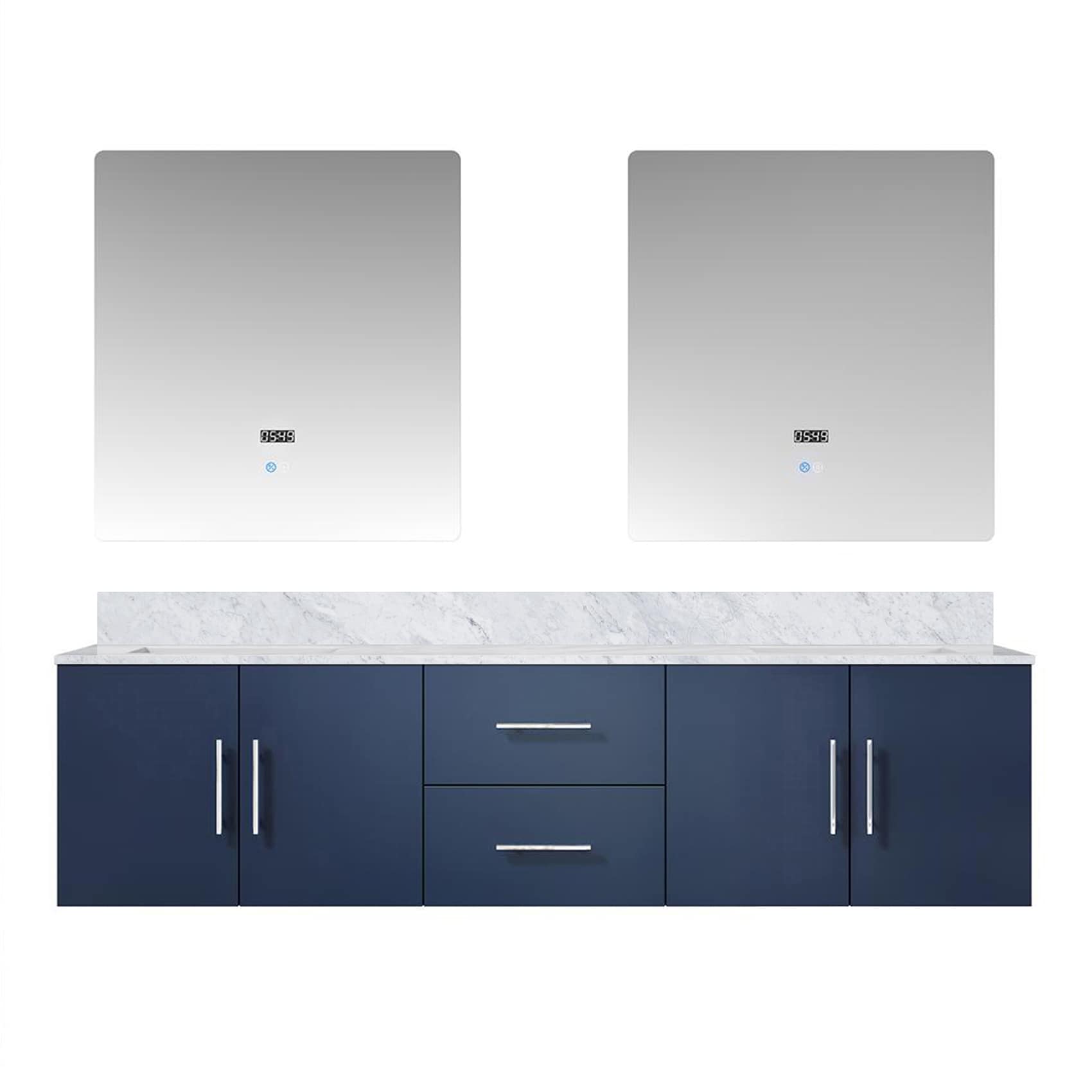 Lexora LG192272DEDSLM30 Geneva 72-in Navy Blue Undermount Double Sink Floating Bathroom Vanity with White Carrara Marble Top (Mirror Included)