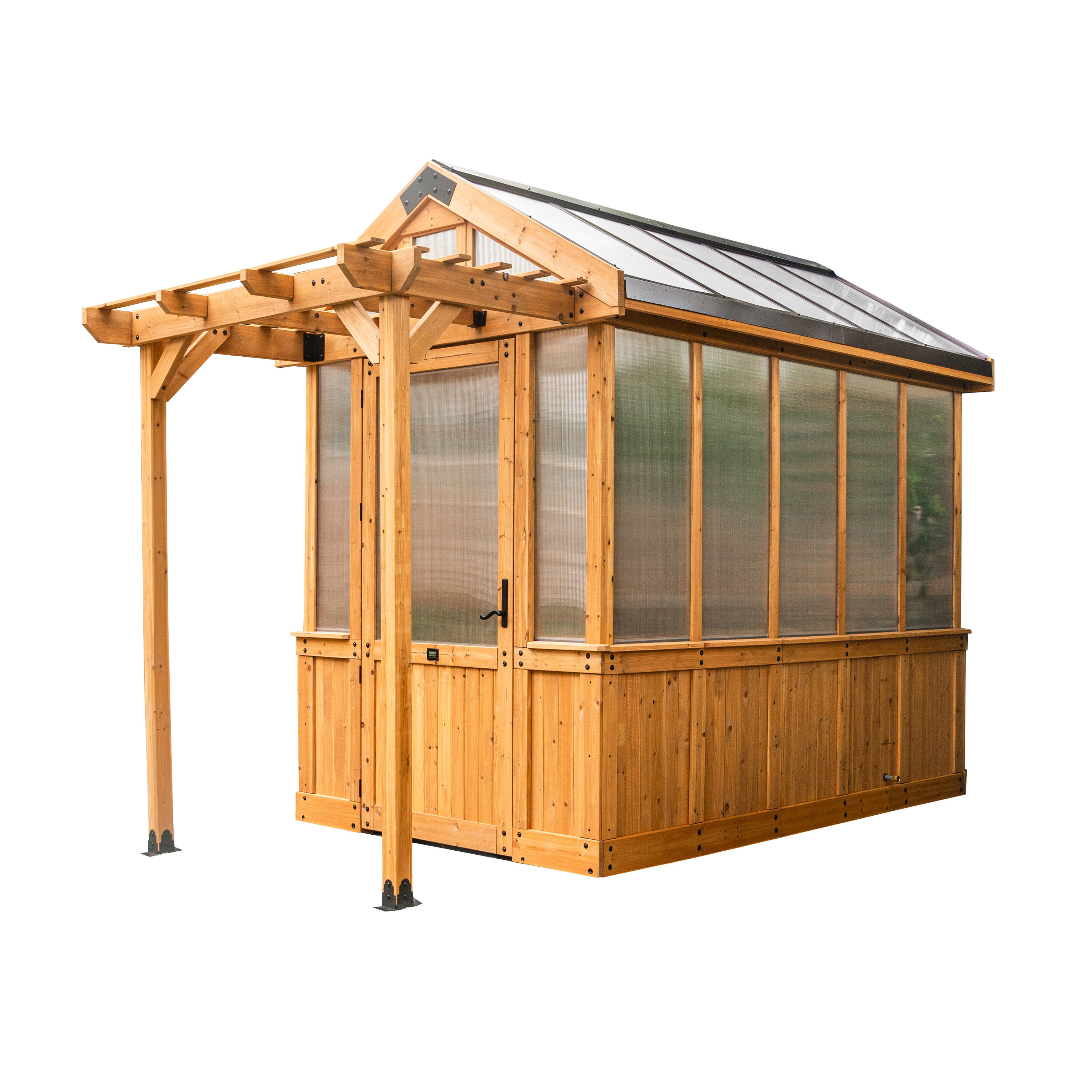 Bellerose Cedar Wood and Polycarbonate Walk-In Greenhouse with Pergola