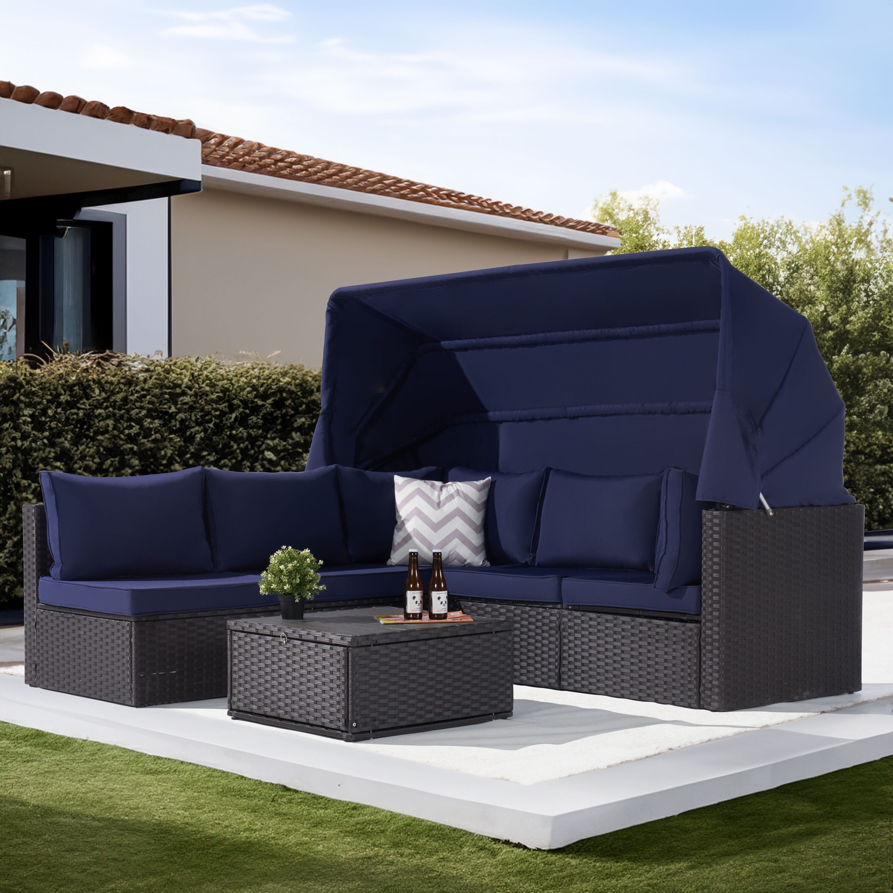 SANSTAR L-WS-LP1-BU 4 -Piece Rattan Patio Sofa Conversation Set with Blue Cushions