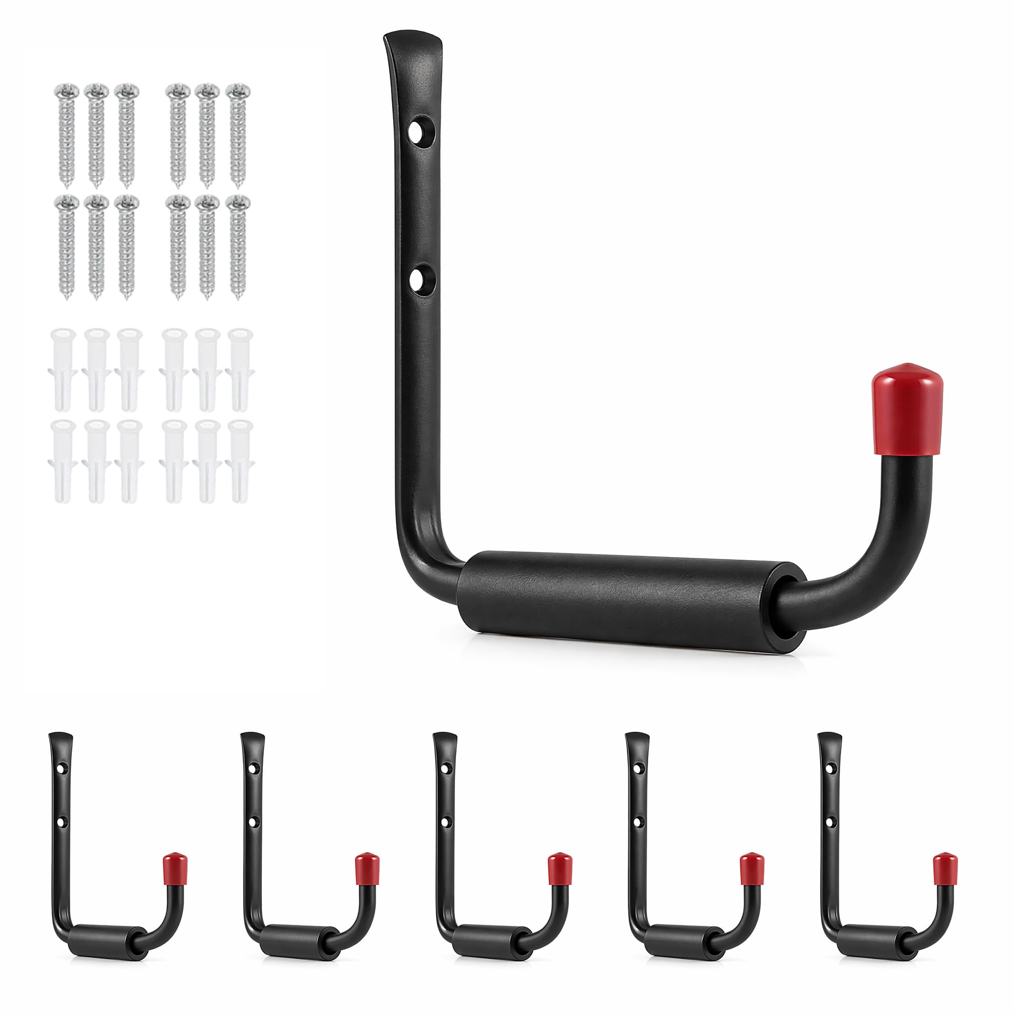 MOEPISY 6 Pack Heavy Duty Garage Hooks 9.48 Inch J Hooks Tubular Steel Wall Mount Storage Hangers with EVA Padding for Ladders Bikes Chairs Garden Tools and Outdoor Equipment