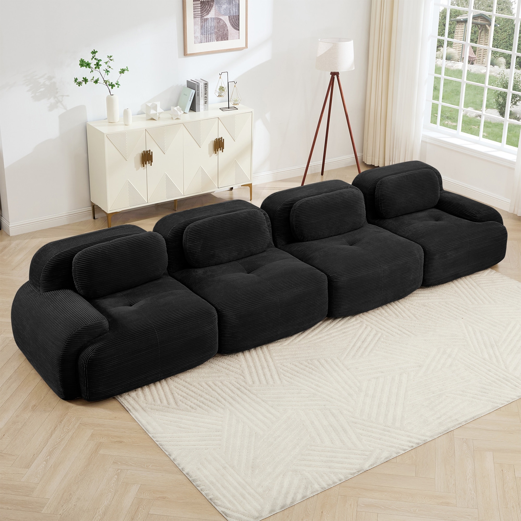 HyperDrop Cart 4-Seat Corduroy Sofa/ Soft Pet-Friendly Fabric/ 32D High-Resilience Sponge/ Ergonomic Design/ Fully Compressed Vacuum Pack/ Free Combination and No Assembly for Bedroom and Study - Black