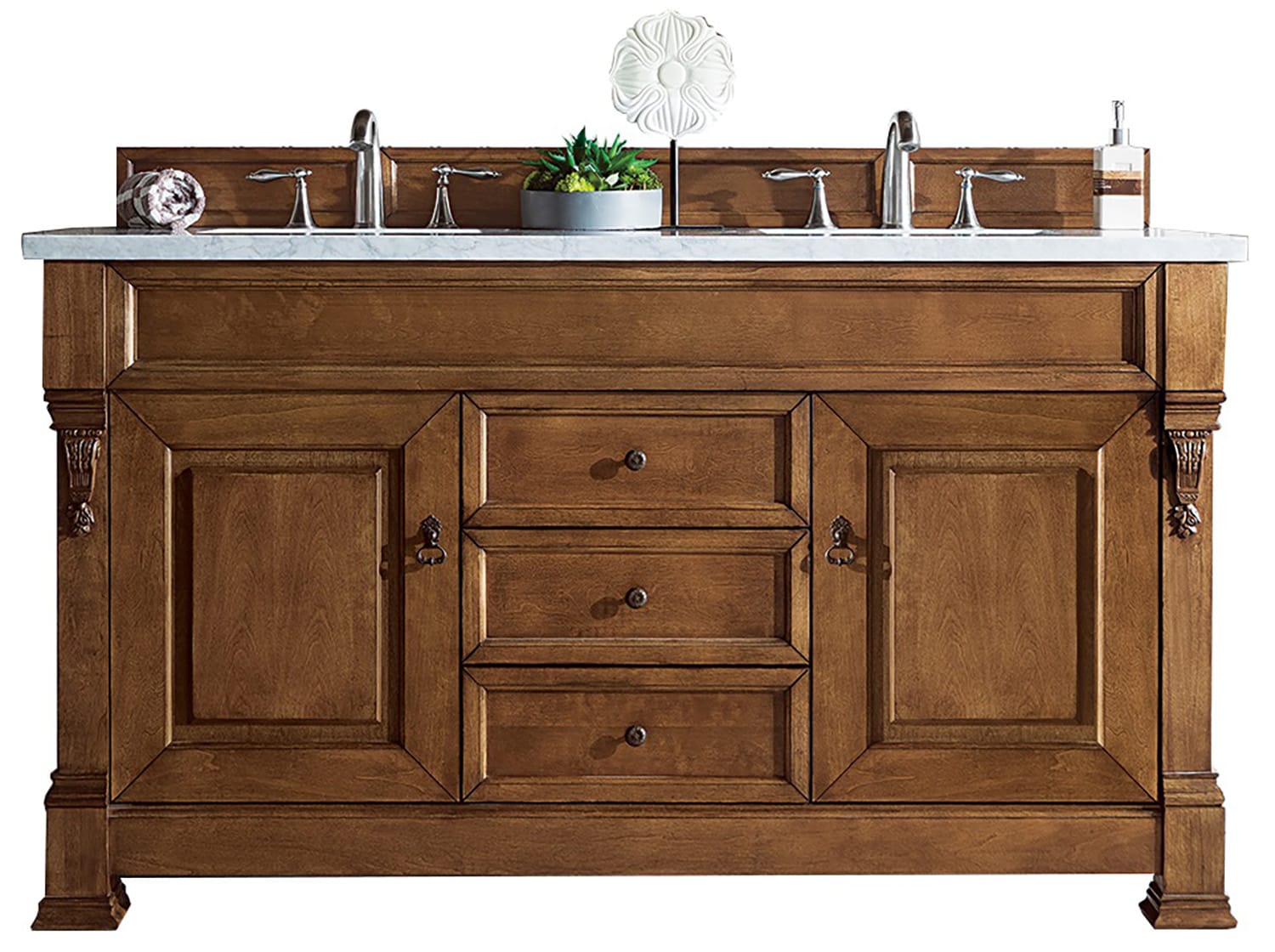 James Martin Vanities 147-114-5671-3CAR Brookfield 60-in Country Oak Undermount Double Sink Bathroom Vanity with Carrara Marble Top