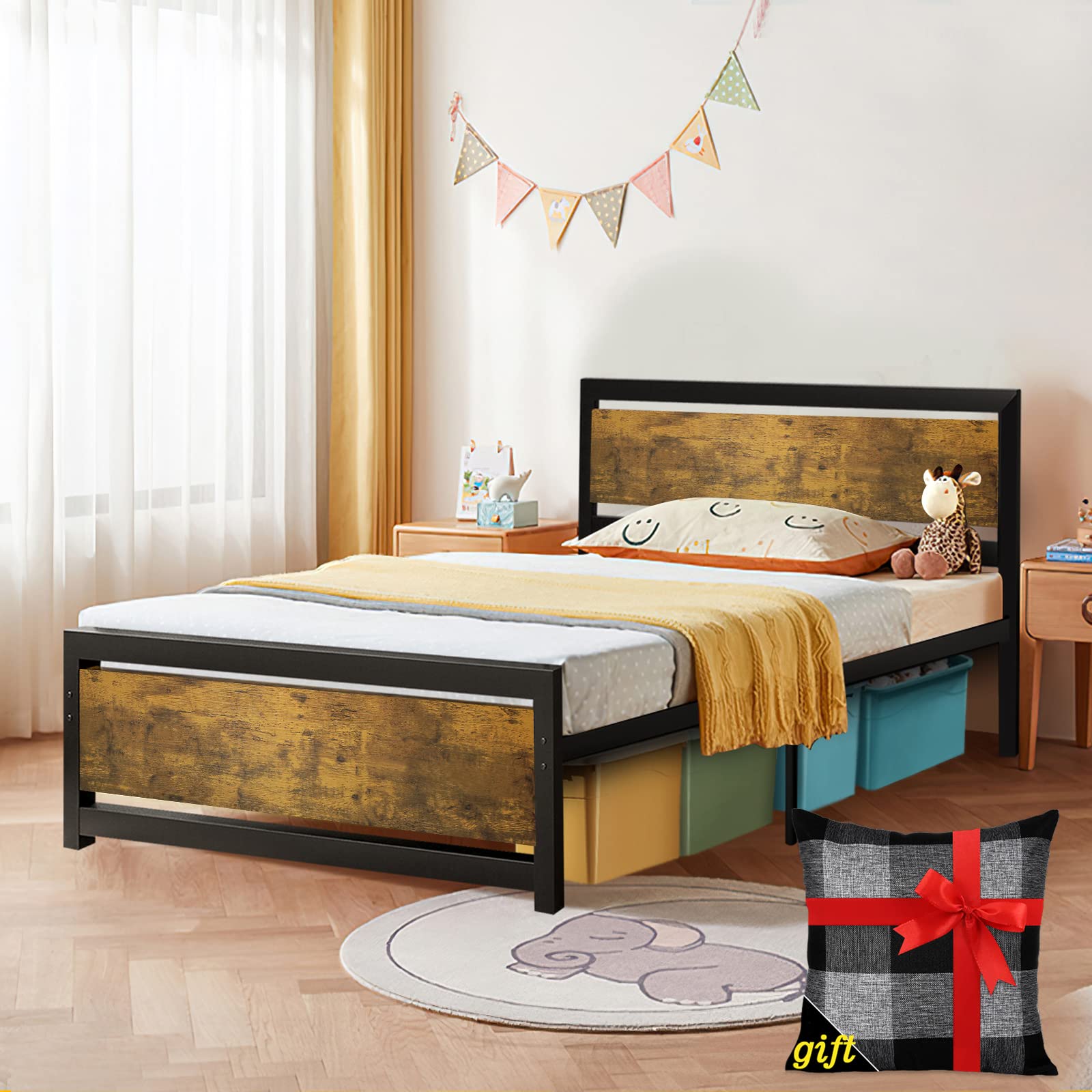 LTMATE LSCHYX-RBT01-HSMT Black Wood (vintage) Twin Metal Bed frame Bed