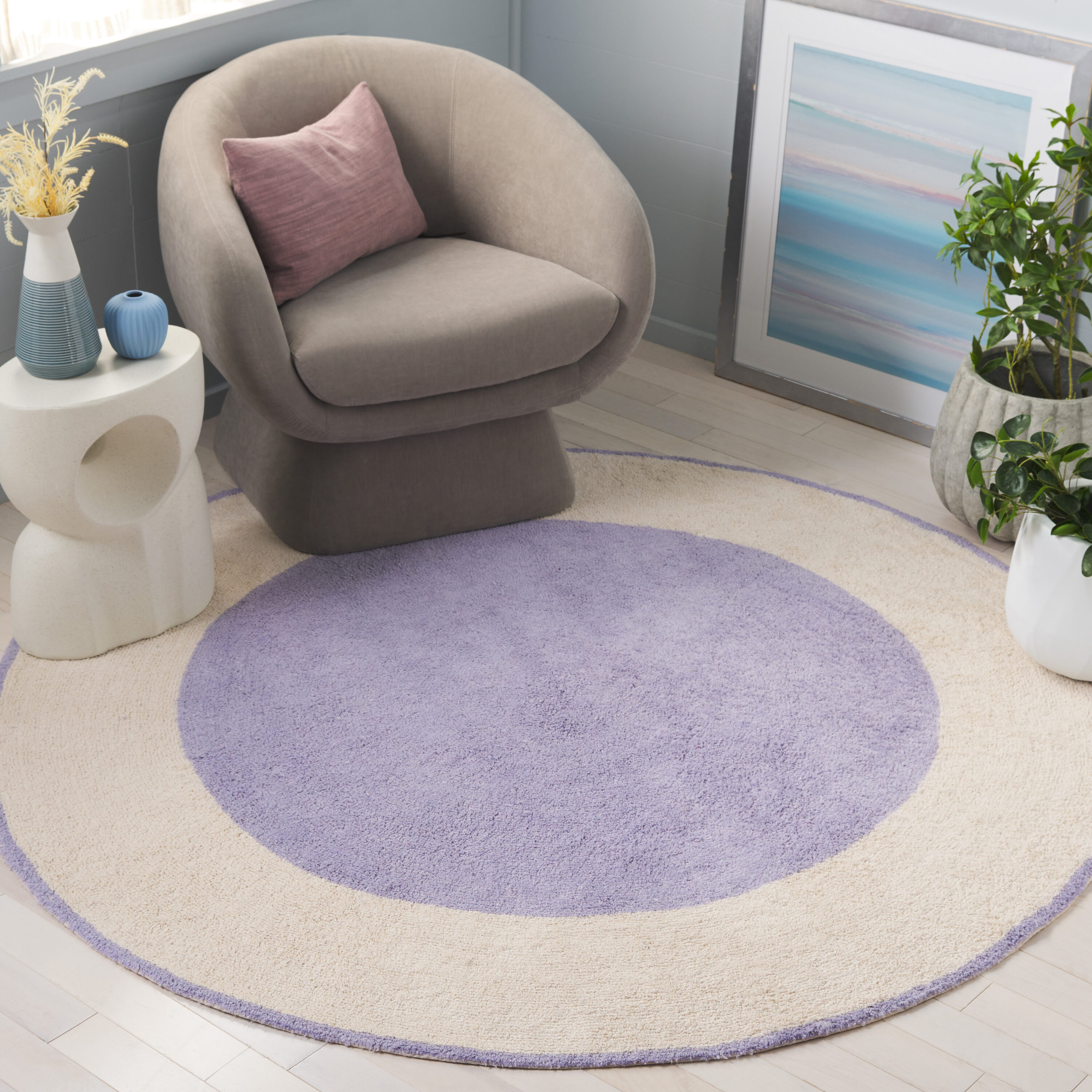  Easy Care 220 Ivory/Lilac Contemporary 6ft x 6ft Round Rug