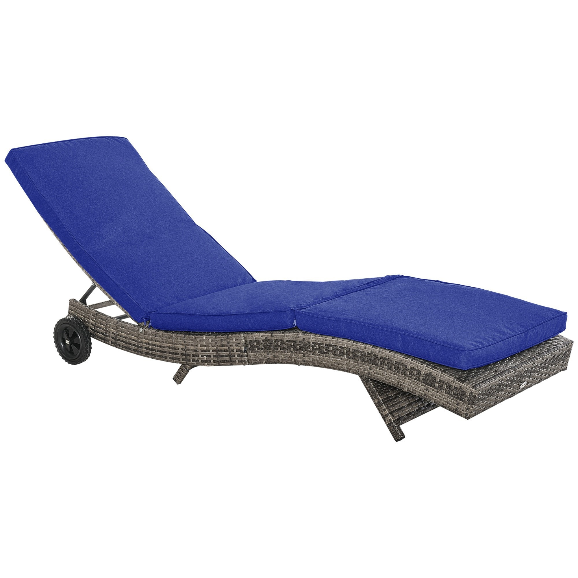 Miki Shinly AB-4006-160JJ Outdoor Portable Chaise Grey Steel Frame Stationary Chaise Lounge Chair with Blue Cushioned Seat