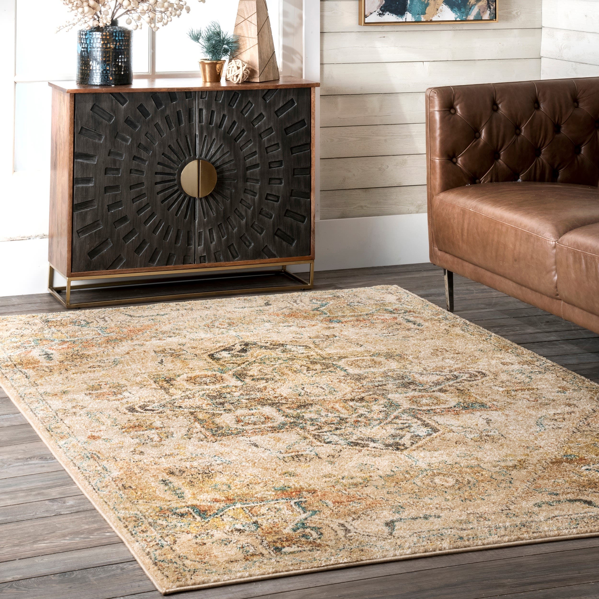 nuLOOM RZIN06B-5075 Tabetha 5 x 7 (ft) Loomed Polypropylene Tan Rectangular Indoor Medallion Area rug