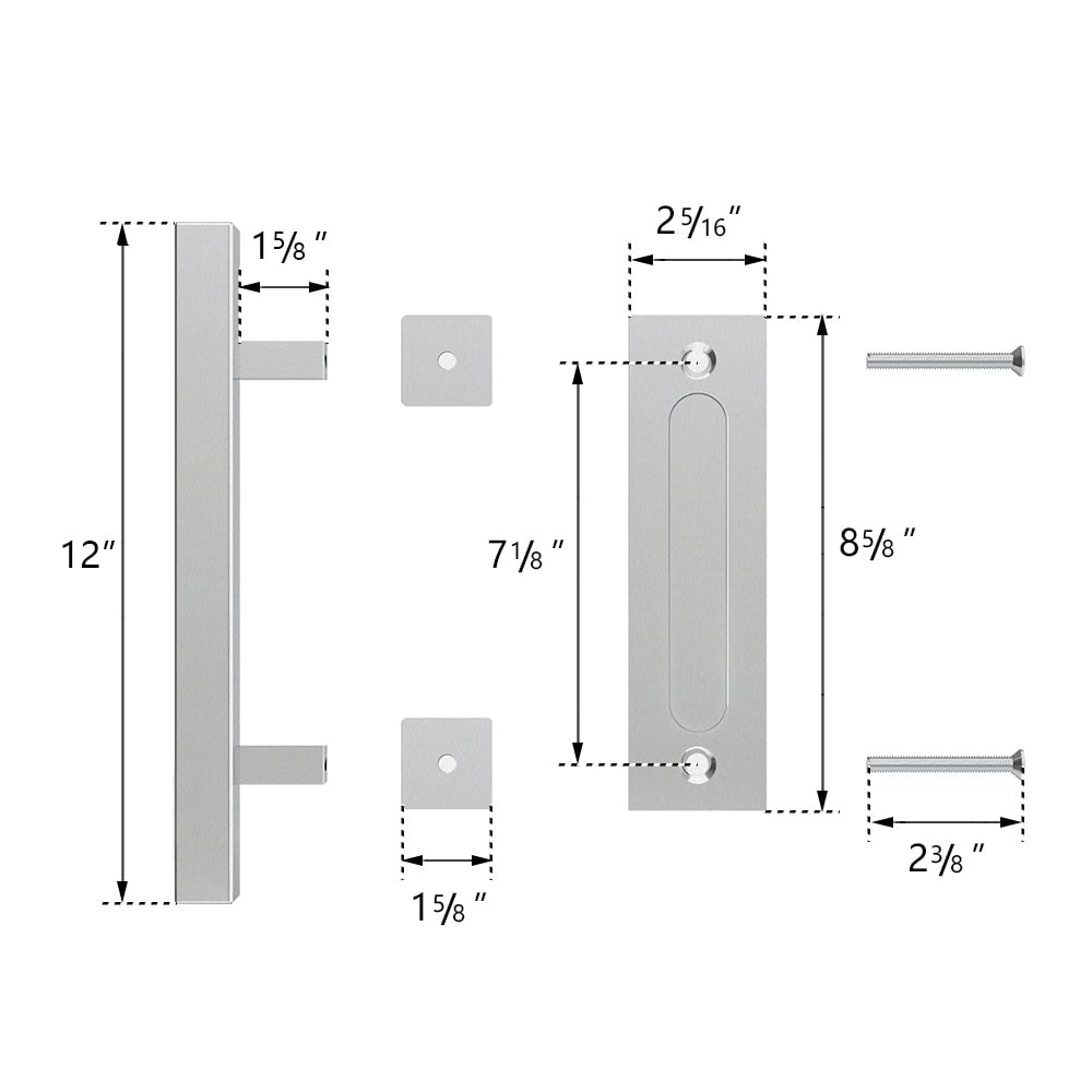 Boyel Living 12 in. Stainless Steel Square Pull and Flush Sliding Barn Door Handle Set (2-Pack)