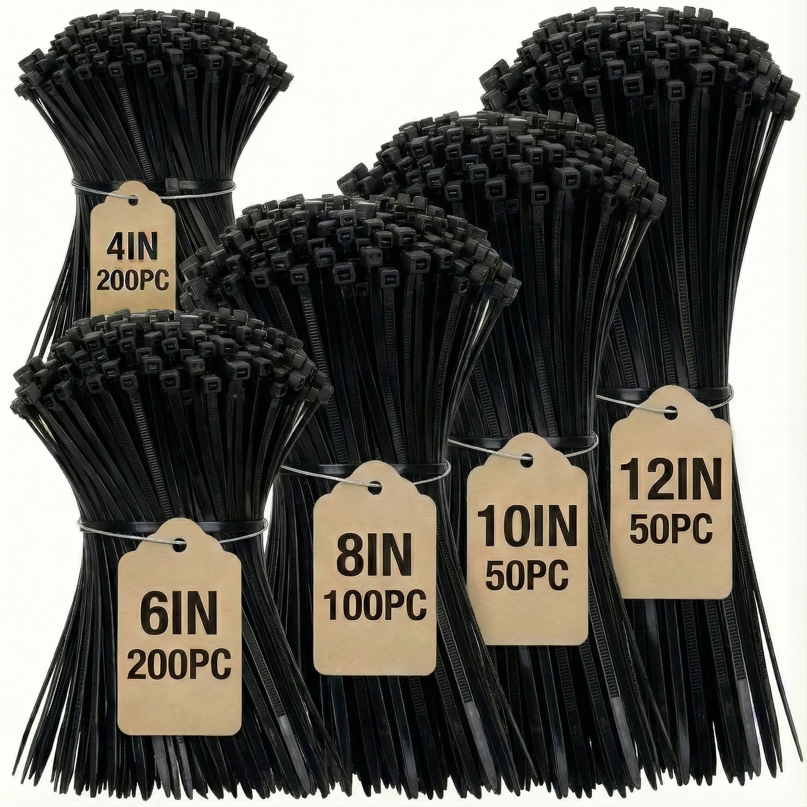 Afoxsos Black Zip Ties Assorted Sizes Four Six Eight Ten and Twelve Inch Six Hundred Pieces Multi Purpose Self Locking Nylon Cable Tie for Home #LAF0812F002