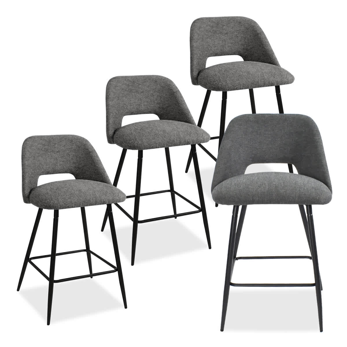Maison Boucle EDWIN-MIDBAR-DKGR-4 Set of 4 Dark Gray Upholstered Counter Stools with Backrest and Black Metal Legs for Modern Kitchen