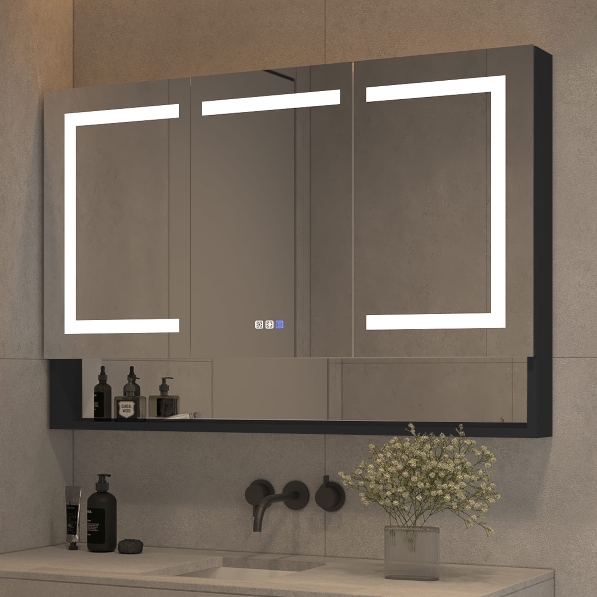Forclover JSEX4832VFB 48-Inches x 32-Inches Lighted LED Fog Free Surface Mount Black Mirrored Rectangle Soft Close Medicine Cabinet with Outlet