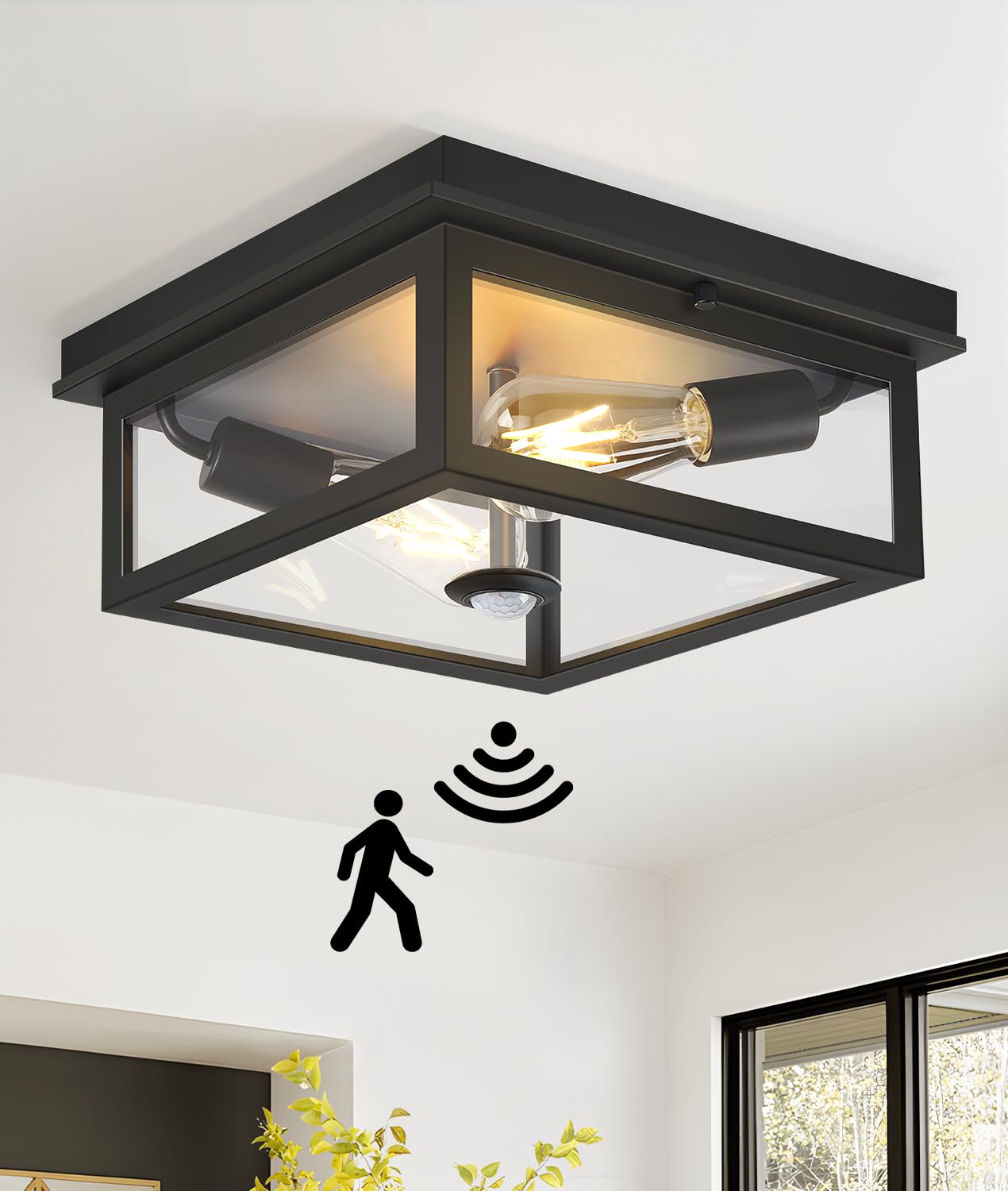 Vrbgify  Motion Sensor Outdoor Ceiling Light with Remote 12.2 Inch Black Flush Mount Porch Light Fixture with United Glass Cover 5 Modes for Porch