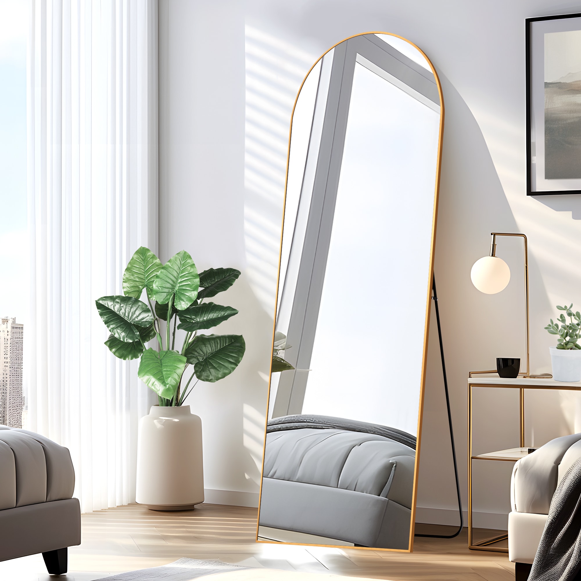 Misty Moon 69-in H x 24-in W Thin Gold Aluminum Rounded Arch Full Length Floor Mirror with Stand Modern Light Luxury Entryway Bedroom Decor Mirror