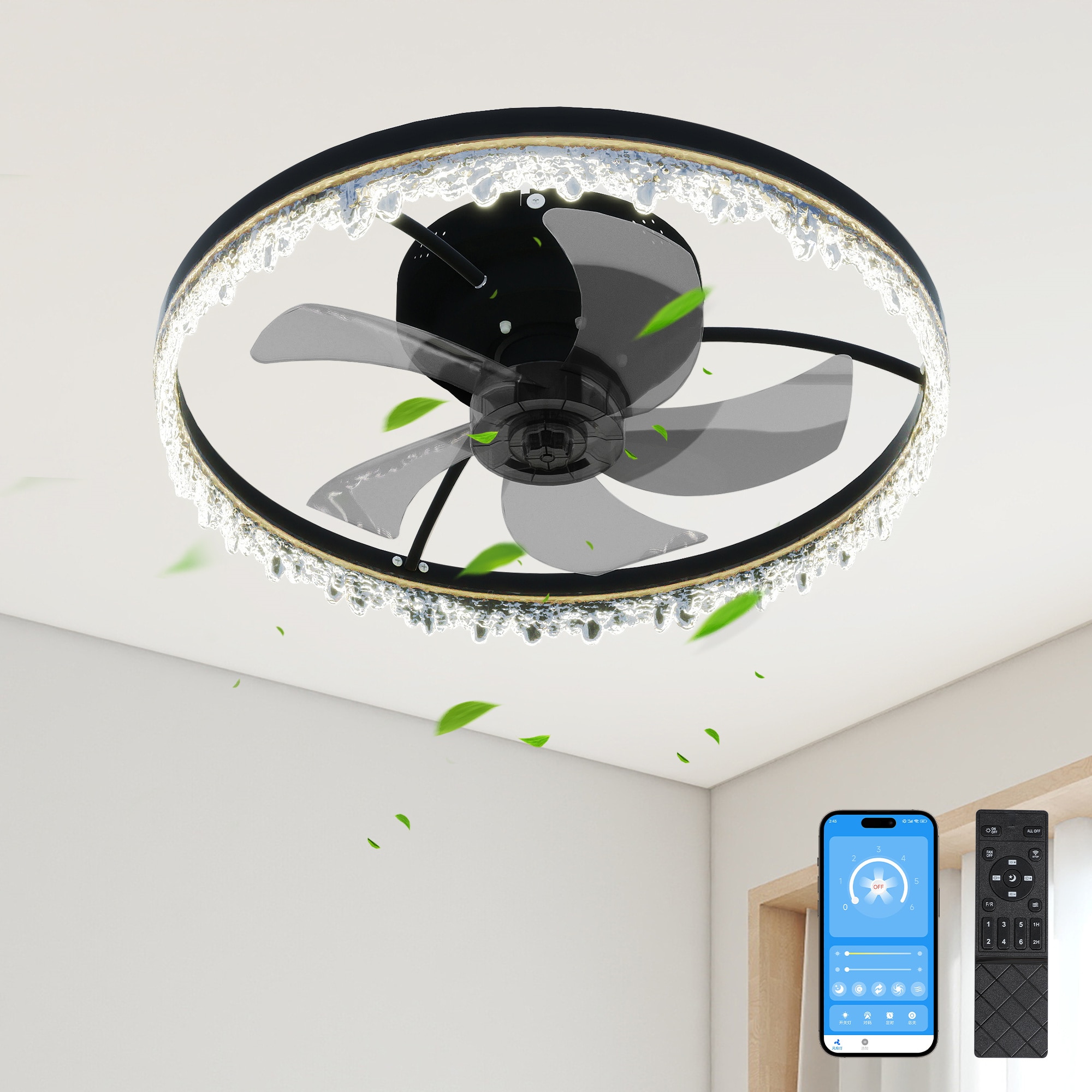 BABOOM BOM-0103789-OR Dimmable Ceiling Fan 19.7-in Color-Changing Integrated LED Flush Mount Smart Black with Smoke Gray Blades Fandelier Ceiling Fan With Light - Remote Included ( 5 -Blade )