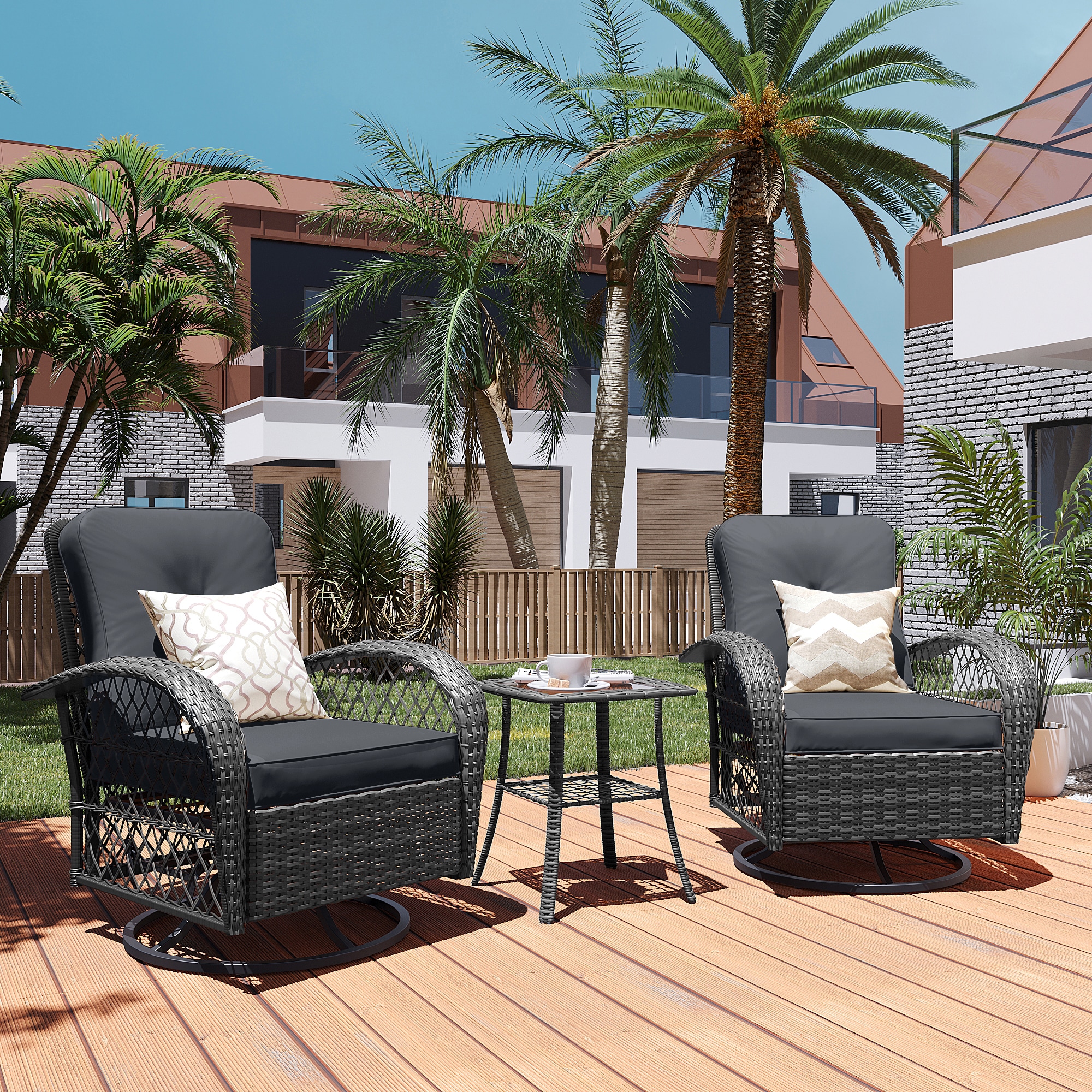 Patio Watcher LHY-Y-BEIGE-CJ Rocking Chair 3 -Piece Rattan Patio Conversation Set with Dark Gray Cushions