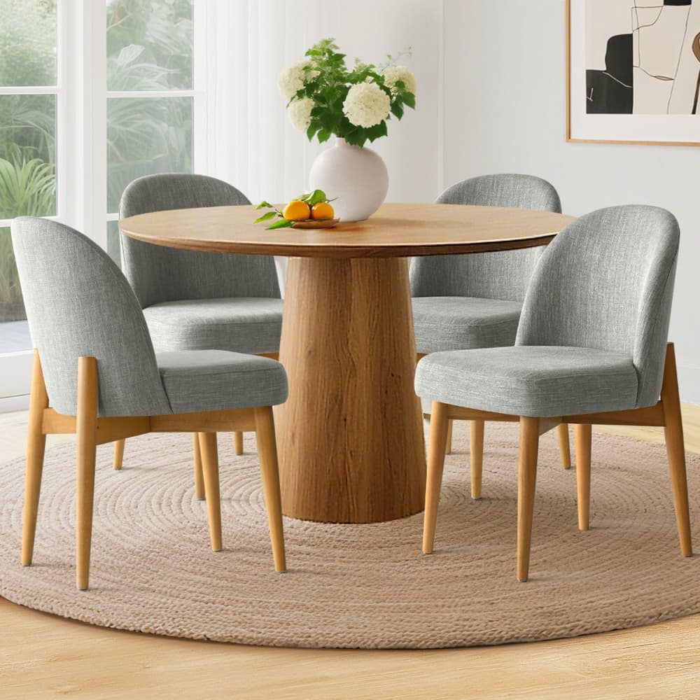 Maison Boucle HAVANA-WOOD-GREY4 Set of 4 Gray Linen Modern Accent Dining Chairs with Padded Seat Solid Wood Legs for Dining Room
