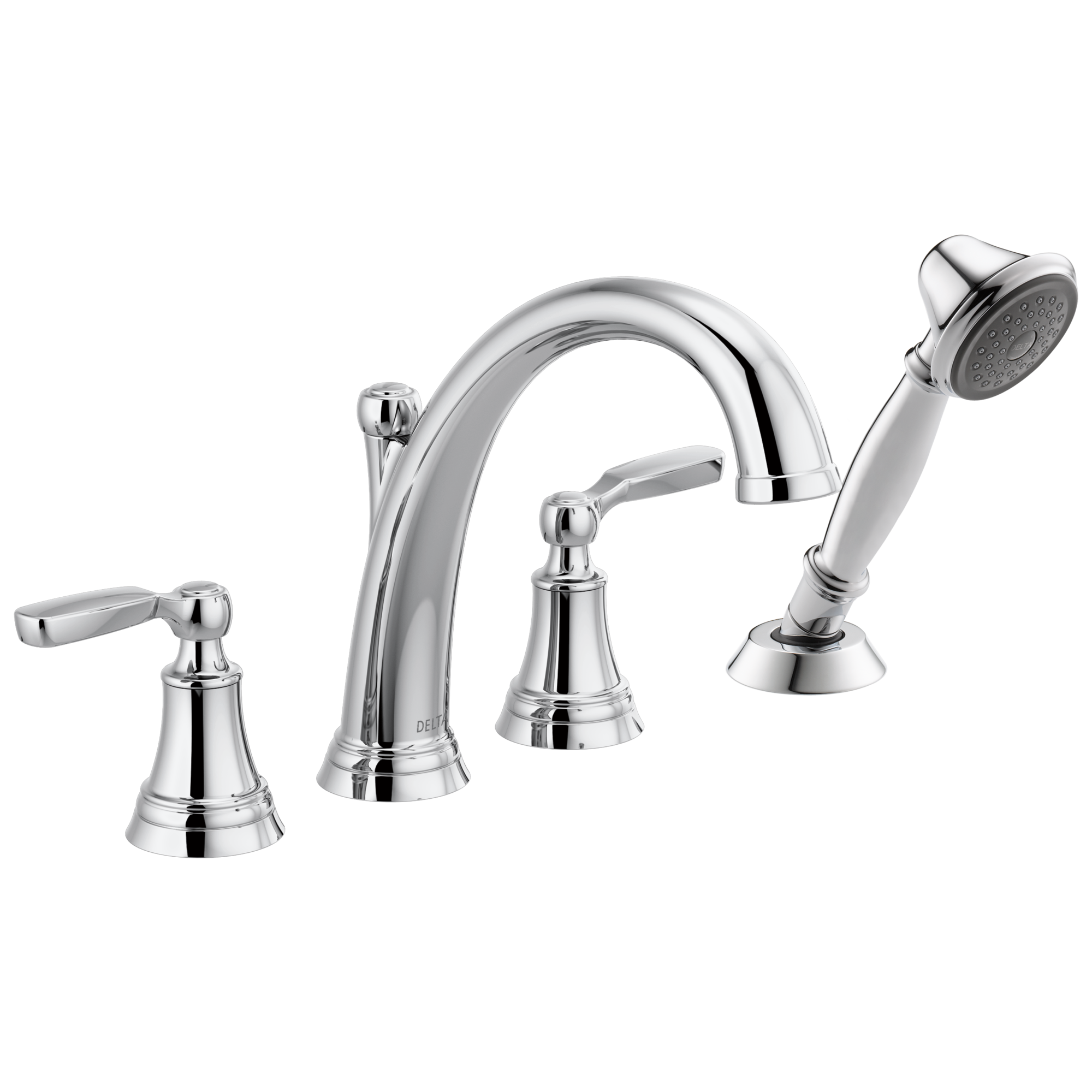 Delta T4732 Woodhurst Chrome 2-handle Deck-mount Roman High-arc Bathtub Faucet with Hand Shower