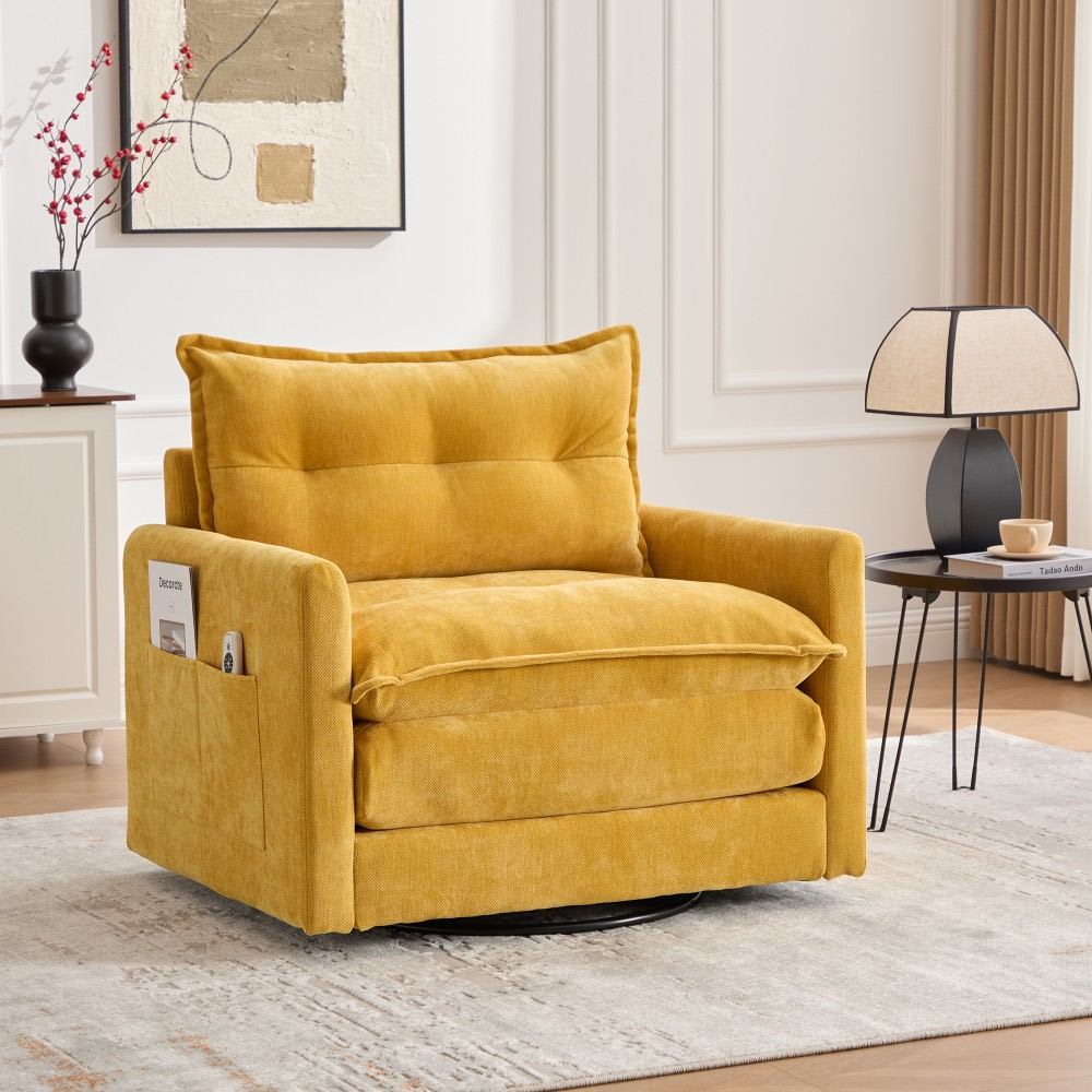 Coolbibila DOT-CHAIR-YELLOW Modern Mustard Yellow Chenille Swivel Barrel Chair with Side Pockets and Metal Base for Living Room
