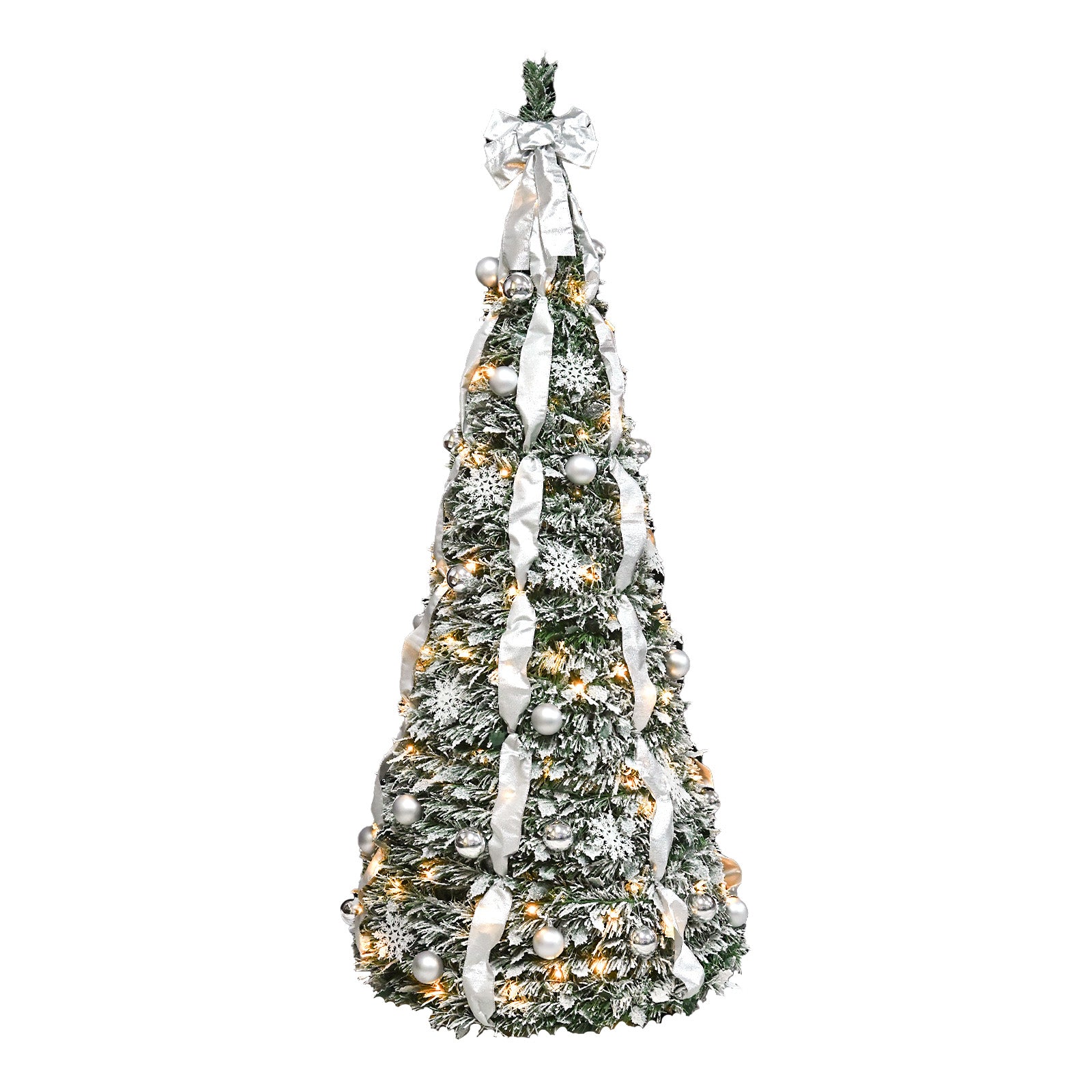 Boyel Living 7 ft. Flocked Pop Up Christmas Tree Pre Lit with 200 Warm White UL Lights Pre Decorated with Ornaments Snowflakes Ribbons and Large Bow Space Saving Holiday Décor