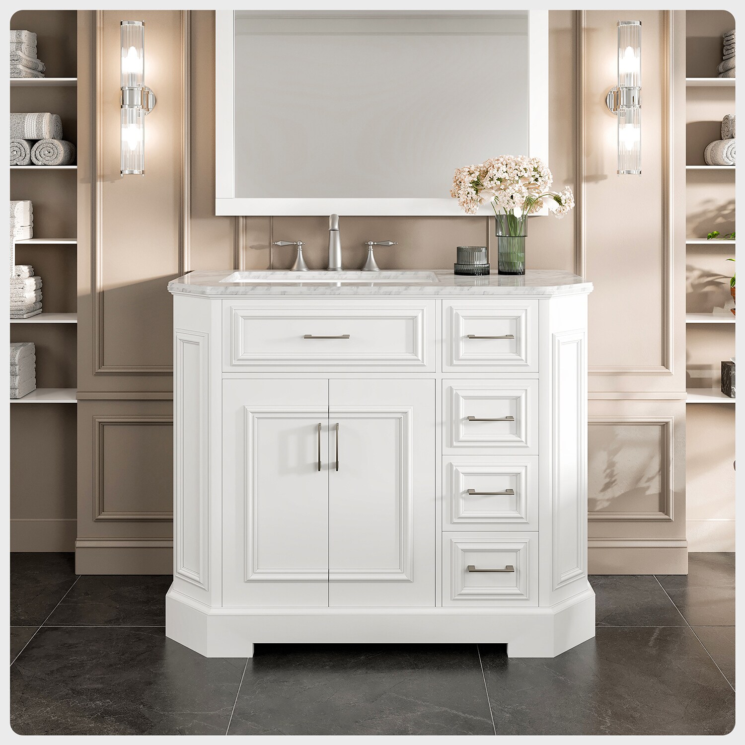 Eviva EVVN188-42WH This vanity is simply the highlight of is traditional family of vanitiies it has the best of both worlds: practicality and elegance It features spacious storage spaces for everyday activities