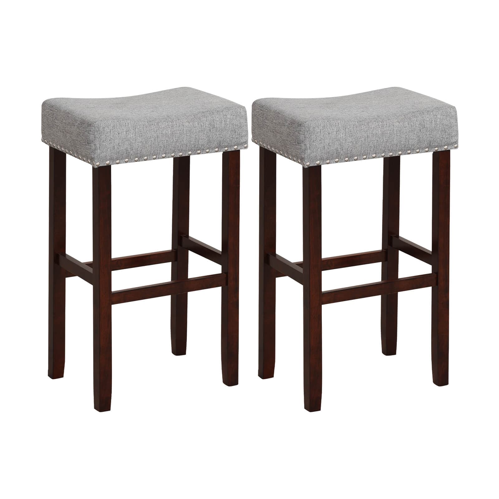 Slickblue D-CO-92-RG05801VJ Set of 2 Beige/Gray Linen Saddle Counter Stools 29.5 H Backless Upholstered Saddle Seat with Footrest Rubber Wood Frame for Kitchen Counter Home Bar